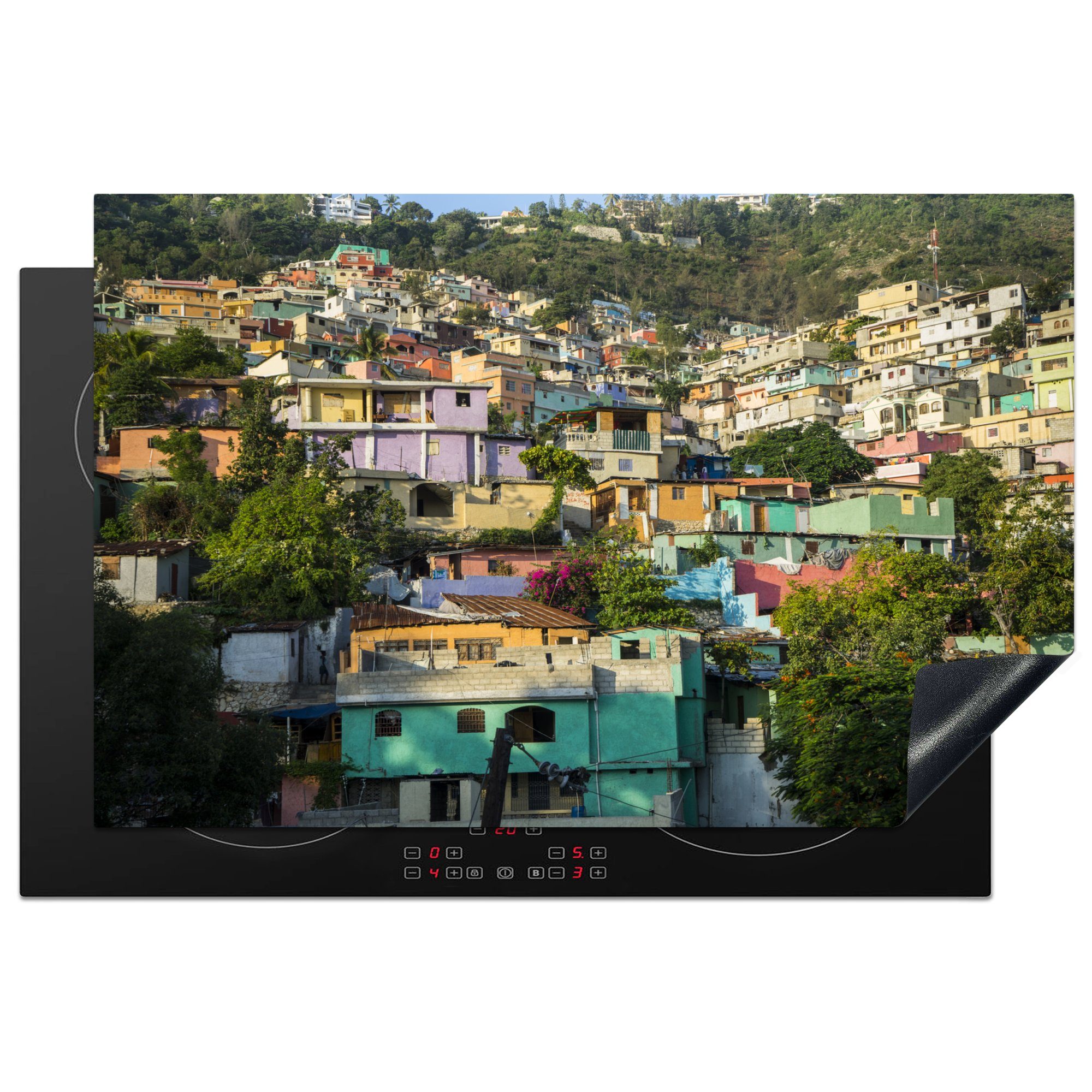 MuchoWow Herdblende-/Abdeckplatte Ein buntes Viertel in Haitis Port-au-Prince, Vinyl, (1 tlg), 81x52 cm, Induktionskochfeld Schutz für die küche, Ceranfeldabdeckung