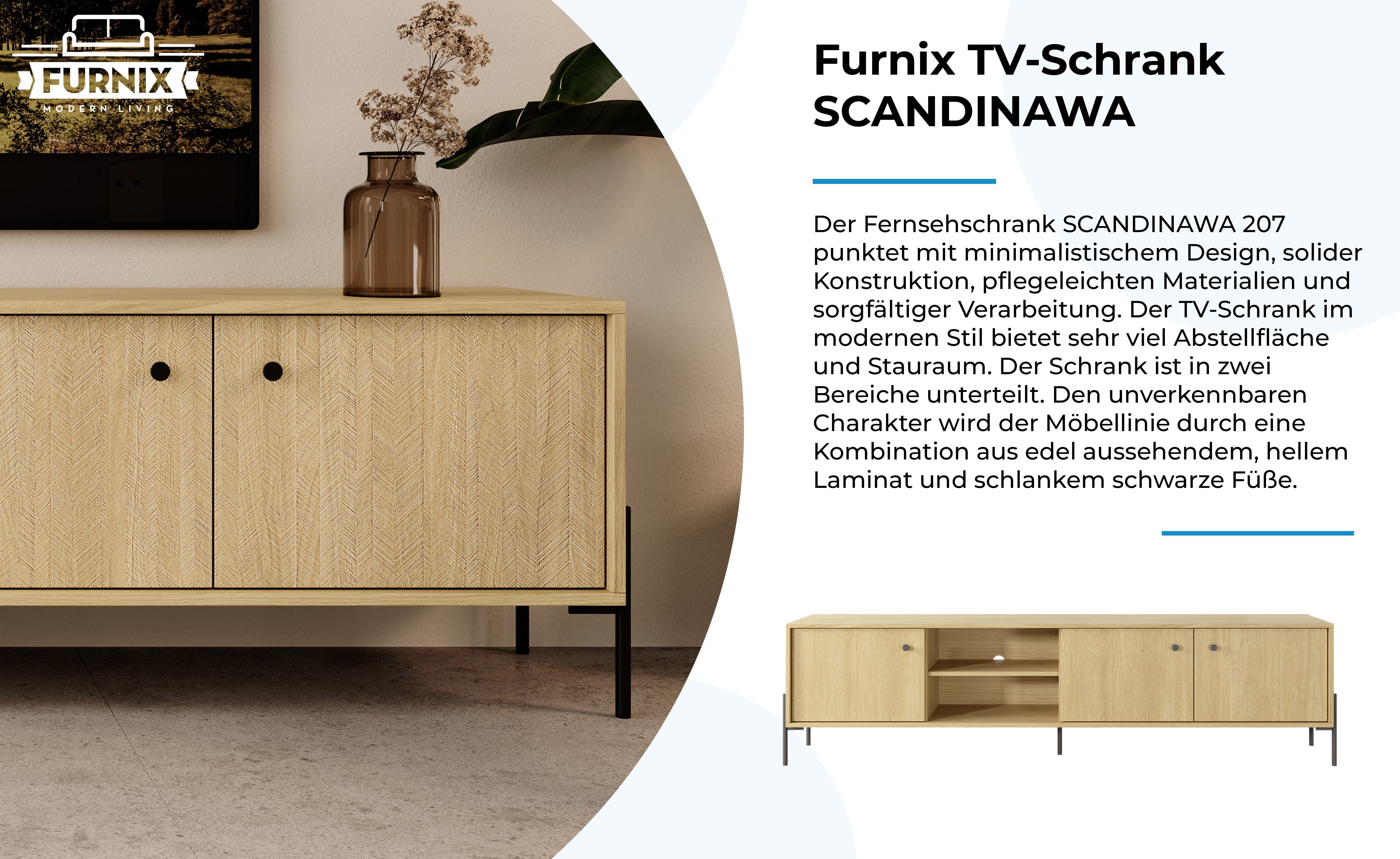 Furnix TV-Schrank SCANDINAWA cm, B206,6 Metallfüße EU in Fischgräten hochwertig, / Fernsehschrank made H53,4 x T39,5 Scandi x 207 Eiche