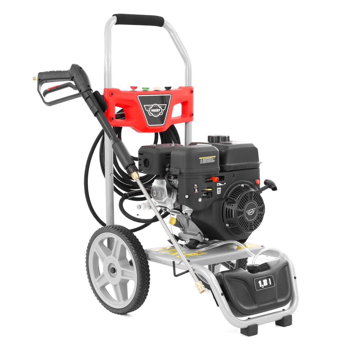 Hecht Hochdruckreiniger Benzin 4,5 kW / 6 PS, selbstansaugend, Saugkorb und 8m Saugschlauch, Druck max: 250 bar, 4500 W, Fördermenge max: 600 l/h, Reinigungstank, Transportgestell, 208 cm³, Transportgestell Metall