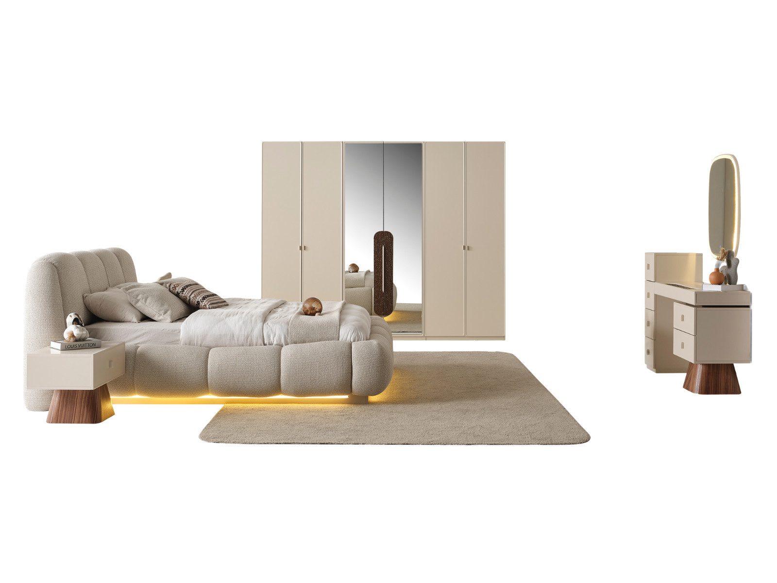 Villa Möbel Schlafzimmer-Set Crown, (Schlafzimmer-Set, 5-tlg., Bett mit Kopfteil, 2 Nachttische, Kleiderschrank und Kommode), Schlafzimmer Set komplett mit Bett Schrank und Kommode