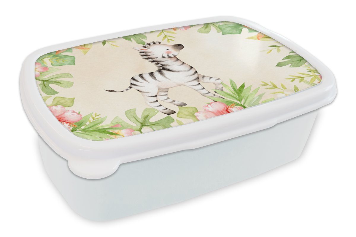 Kunststoff, Brotbox MuchoWow - Dschungel (2-tlg), für Lunchbox Mädchen weiß Aquarell, Jungs und und Zebra für Brotdose, Kinder Erwachsene, -