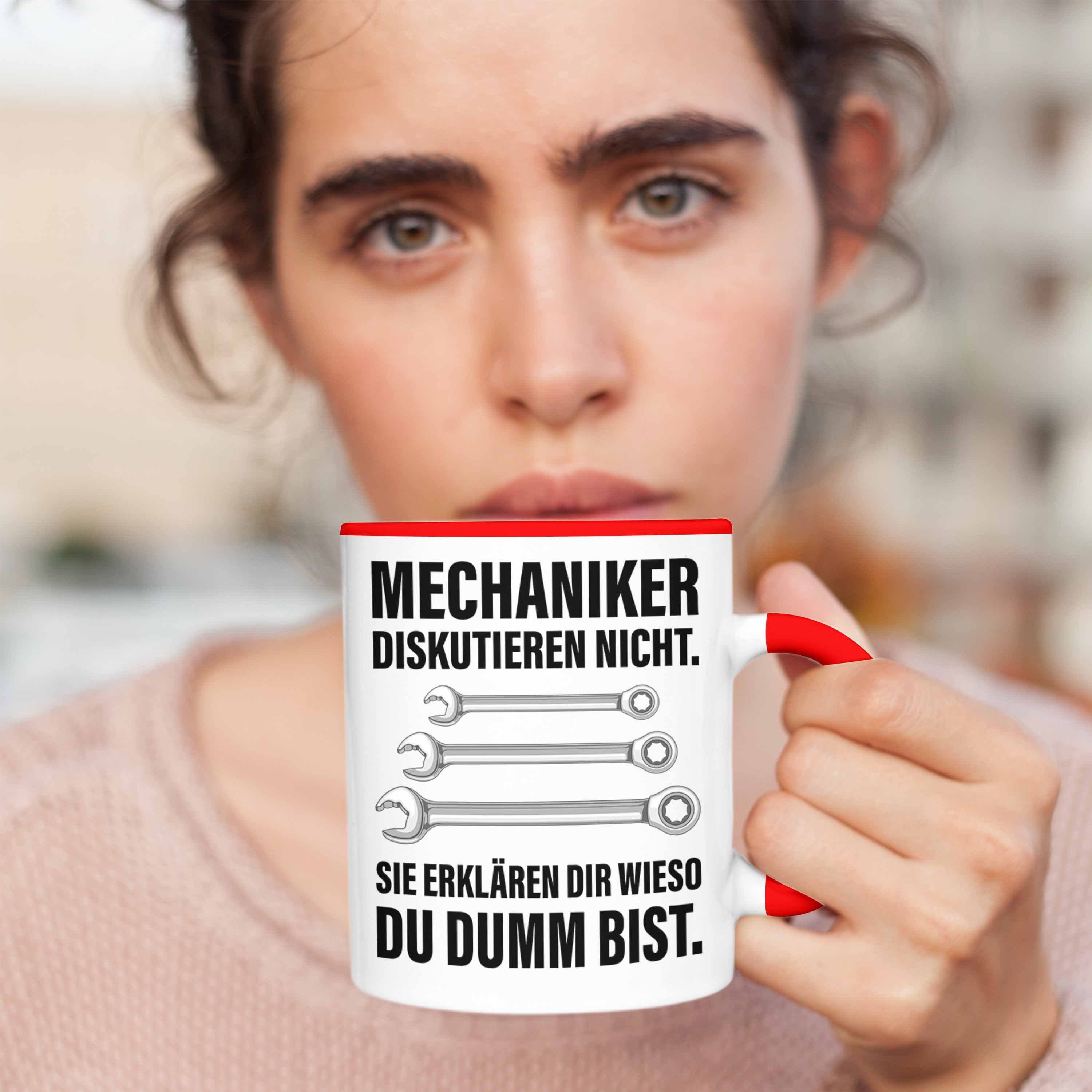 Trendation Tasse Trendation - KFZ Tasse Automechaniker Lustig Mechatroniker Mechaniker Werkstatt Rot Geschenk Tasse