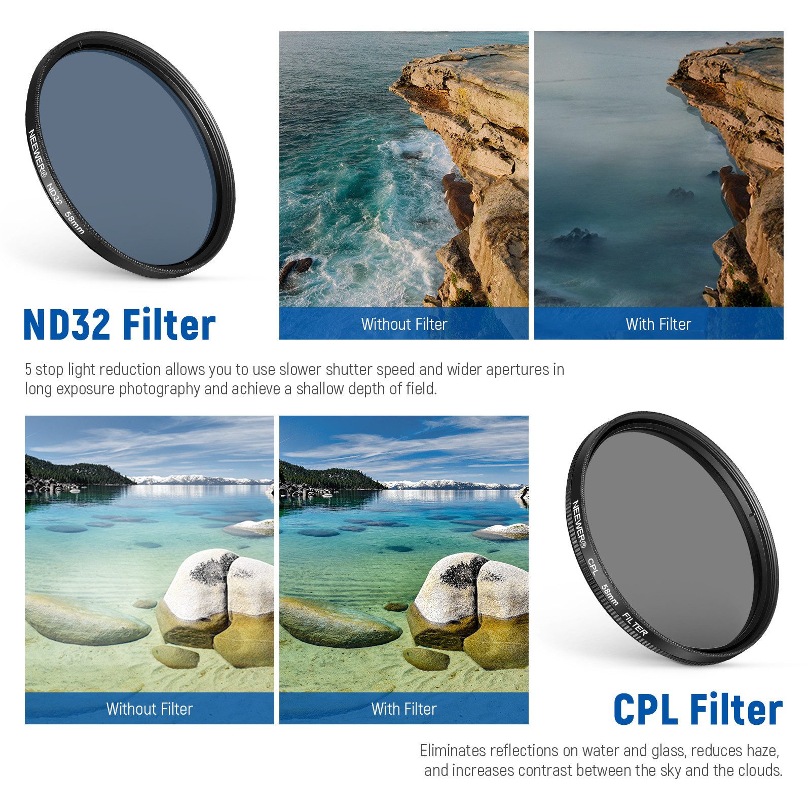 Neewer 58mm ND+CPL+Effekt Filter Set mit Handy Phone Objektiv Foto-Filter-Sets (Klammer Polfilter ND32 6 Punkt Sternfilter 4 abgestufte Farbfilter)