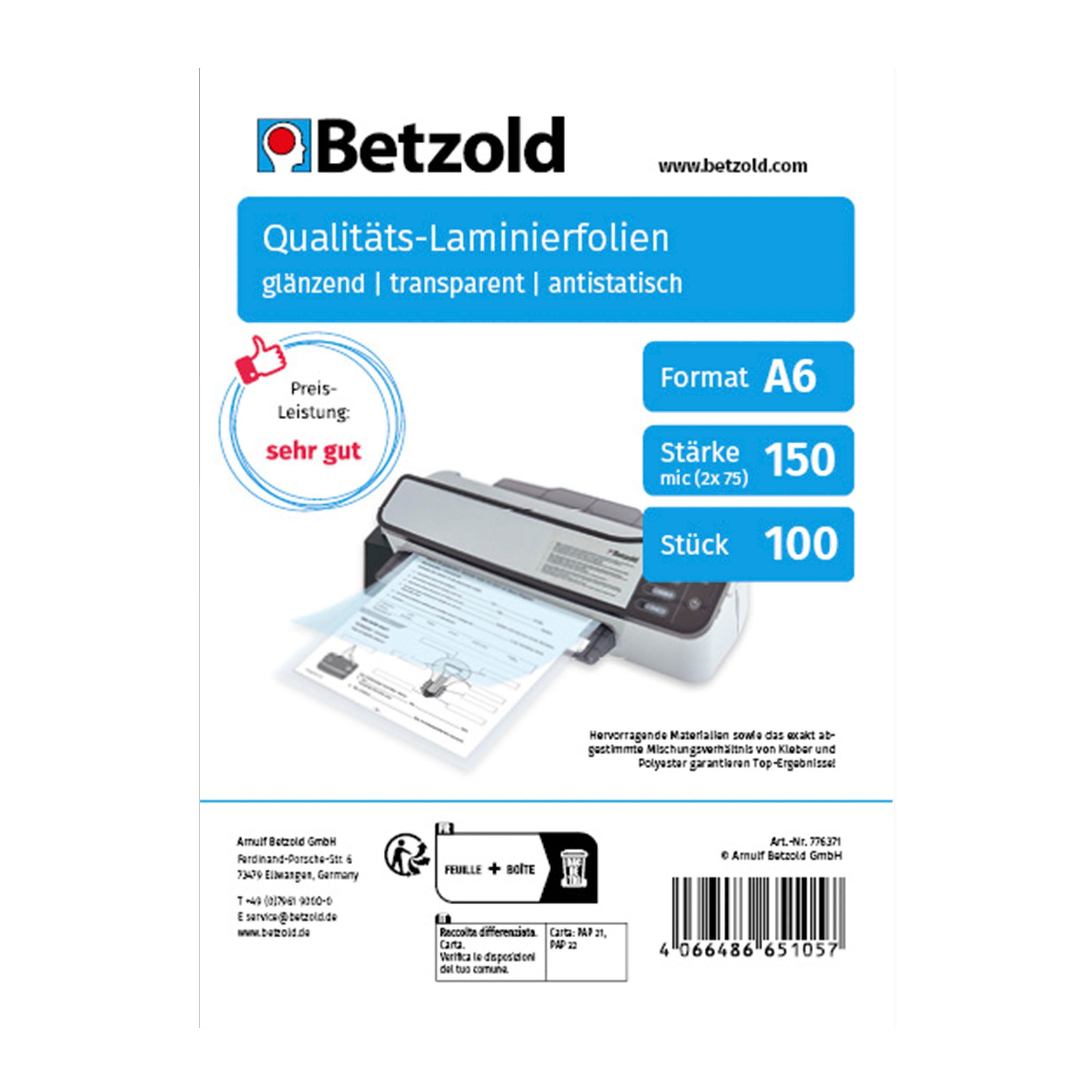 Betzold Schutzfolie Laminierfolien DIN A6, 100 Stück, 150 mic