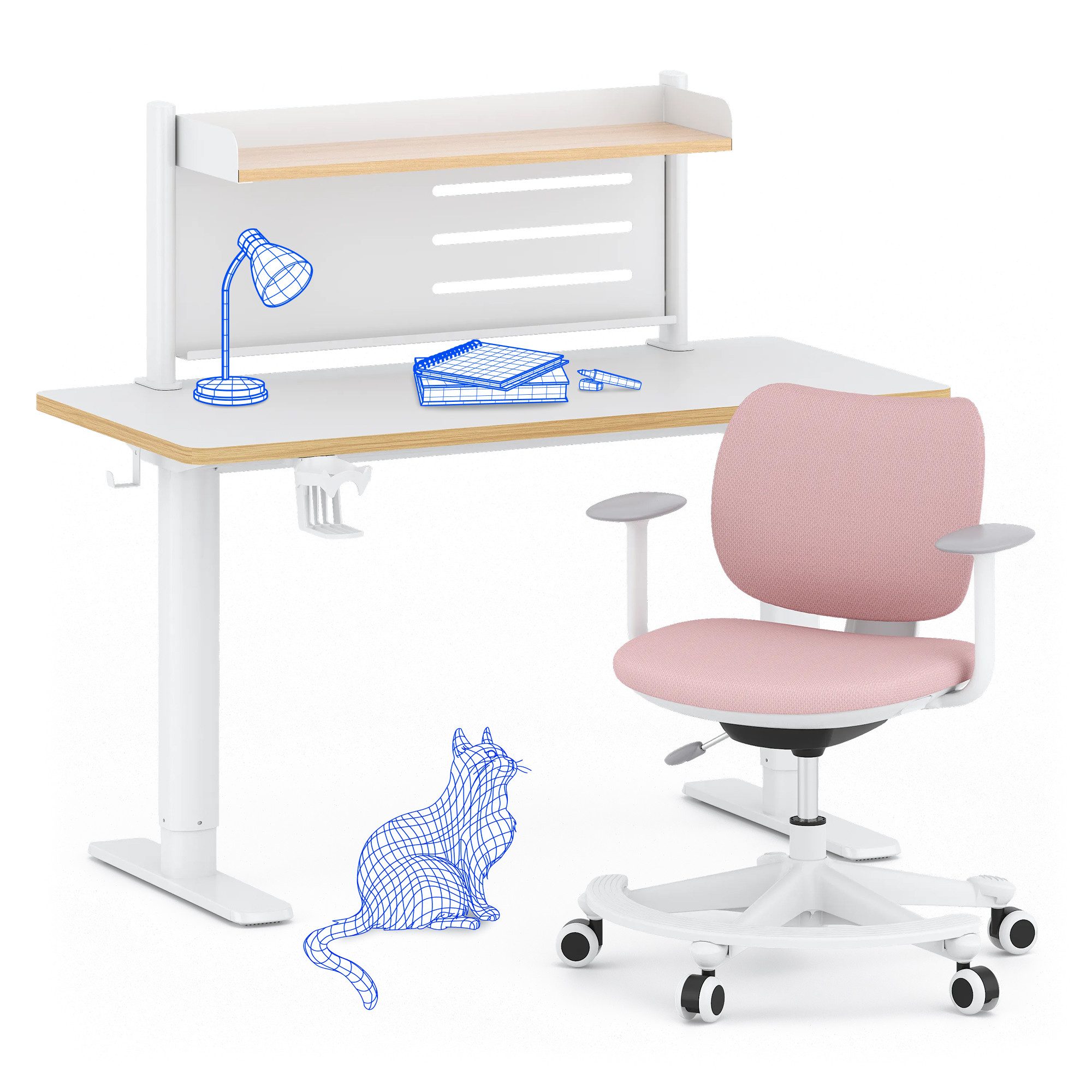FLEXISPOT Schreibtisch Kinderschreibtisch Höhenverstellbar (3 Speichertasten, Magnetisches Whiteboard, inkl. 3 Whiteboard-Stifte & Tafellöscher), MIT 2xHaken& 1xBecherhalter und Bücherregal, Kindertisch Stuhl Set