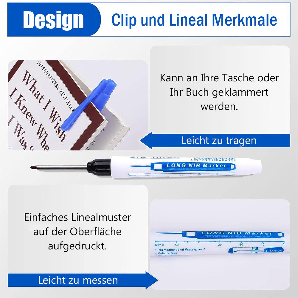 TUWENA Marker 8 Stück Tieflochmarker, 30mm Extralange Spitze Bohrlochmarkierungen, (8-tlg), Markierungsstift für Holz, Kunststoff, Wand, Metall, Baustellen Stift