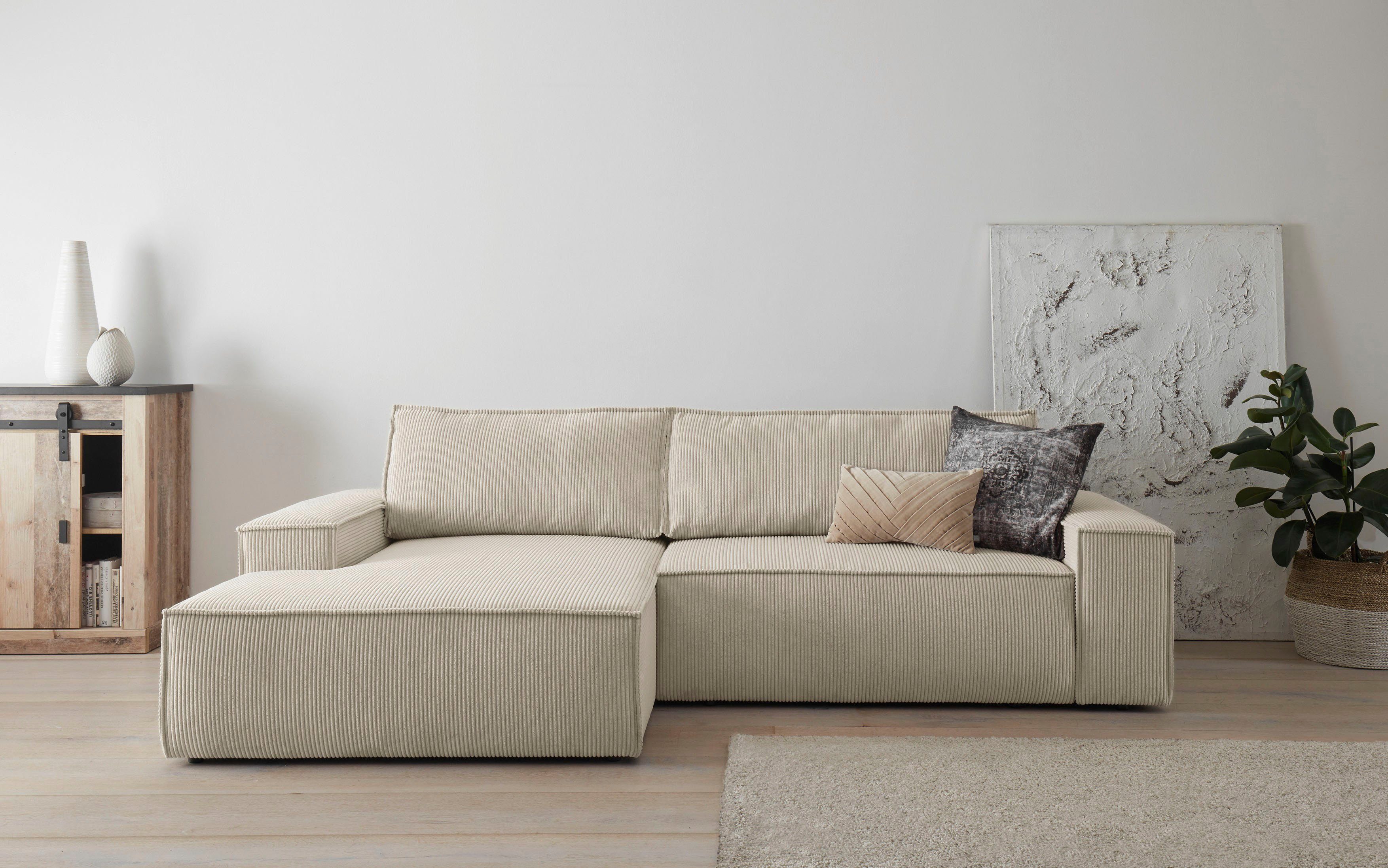OTTO home Ecksofa SHERWOOD L-Form, 267 cm - OTTO. Verlässliche Qualität., Schlaffunktion mit Bettkasten (210x136 cm), Cord, Vintage, Samtvelours