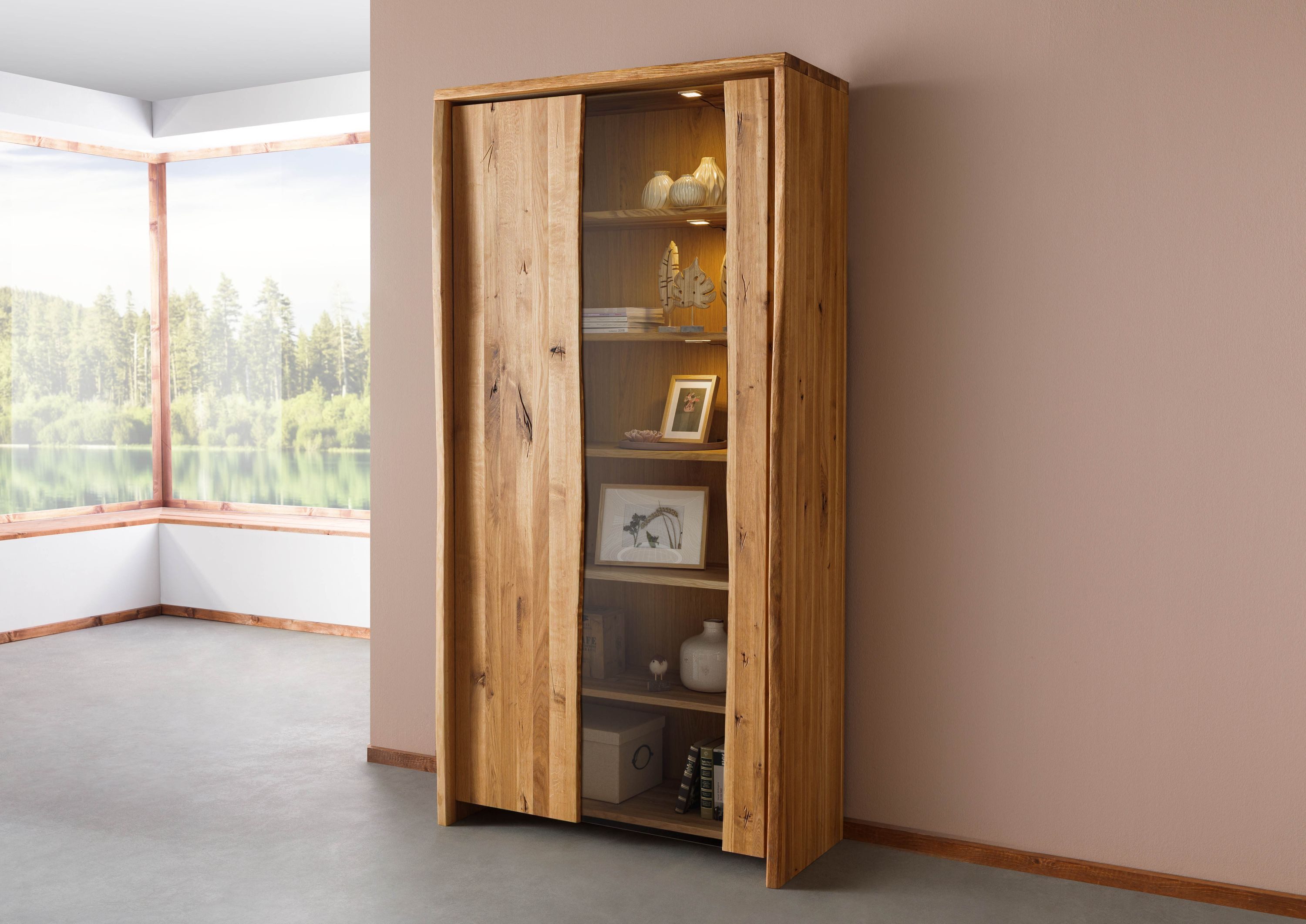 Massivmoebel24 Standvitrine PURE OAK (Wildeiche 105x45x204 natur geölt PURE OAK #106) Wildeiche 105x45x204 natur geölt PURE OAK #106