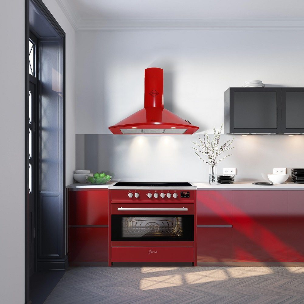 GURARI Induktions-Standherd E 913 R+GCH 046 RD 9, Range Cooker 90 cm/ Elektro Standherd +Dunstabzugshaube 90 cm