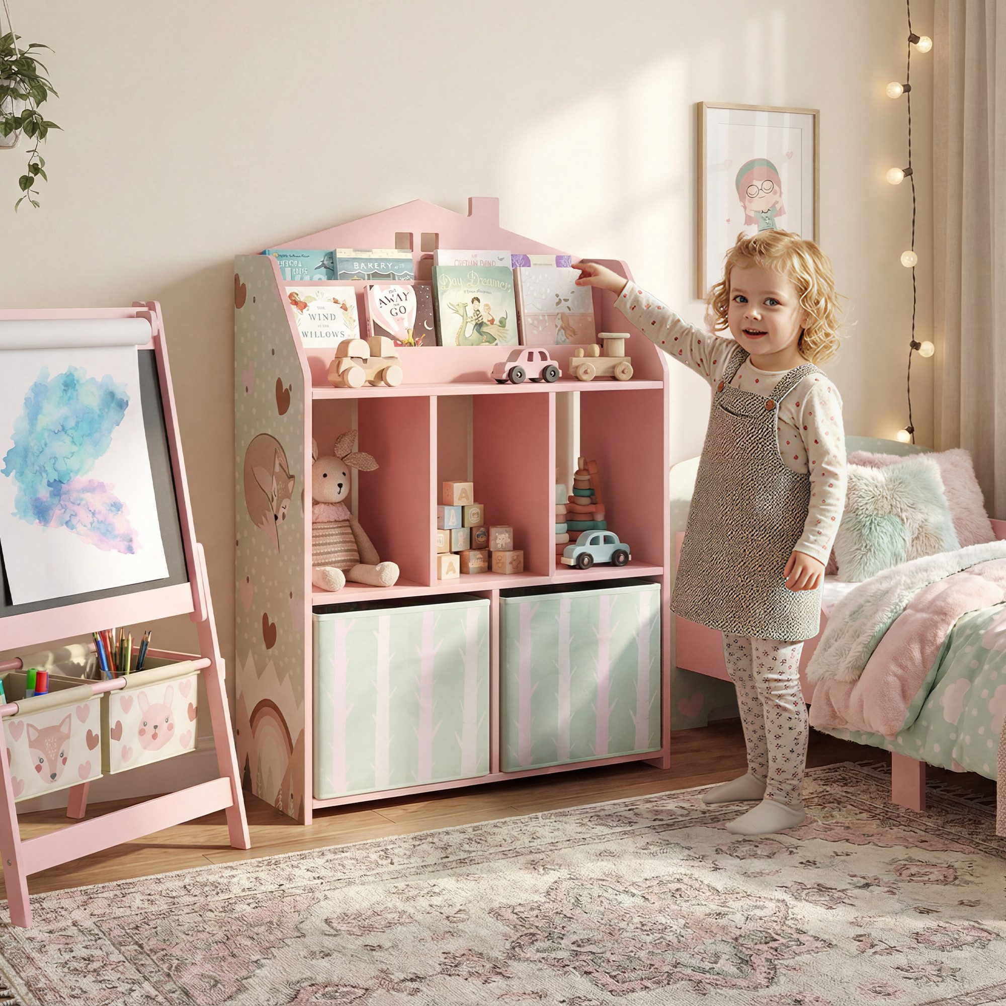 AIYAPLAY Kinderregal Spielzeugregal mit 2 Stoffschubladen offen Regal, Bücherregal Kinder 1-tlg., für 3-8 Jahre für Spielzeug Bücher 62,5x30x91,5 cm Rosa