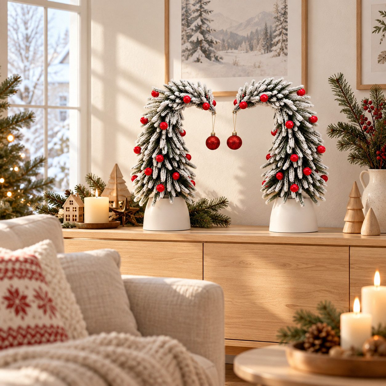 Yorbay Künstlicher Weihnachtsbaum Mini Weihnachtsbaum 35 cm 2er Set beflockt mit roten Beeren Tischdeko, Elfengestalt Festliche Akzente für Fensterbank Kommode und Wohnbereich