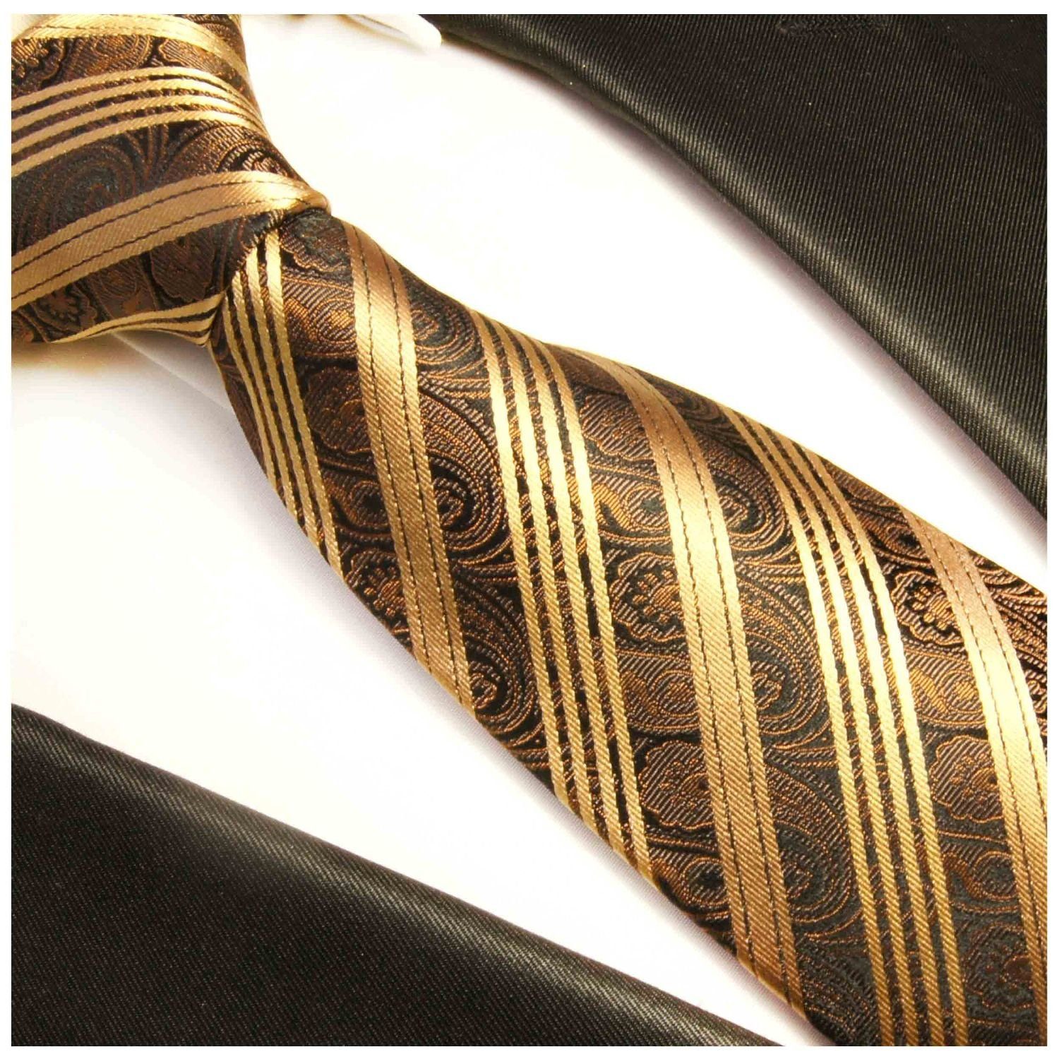 (6cm), paisley Einstecktuch) Krawatte Tuch Seide Schmal modern Paul mit Herren Malone mit (Set, 388 100% braun 2-St., Krawatte gold gestreift Seidenkrawatte
