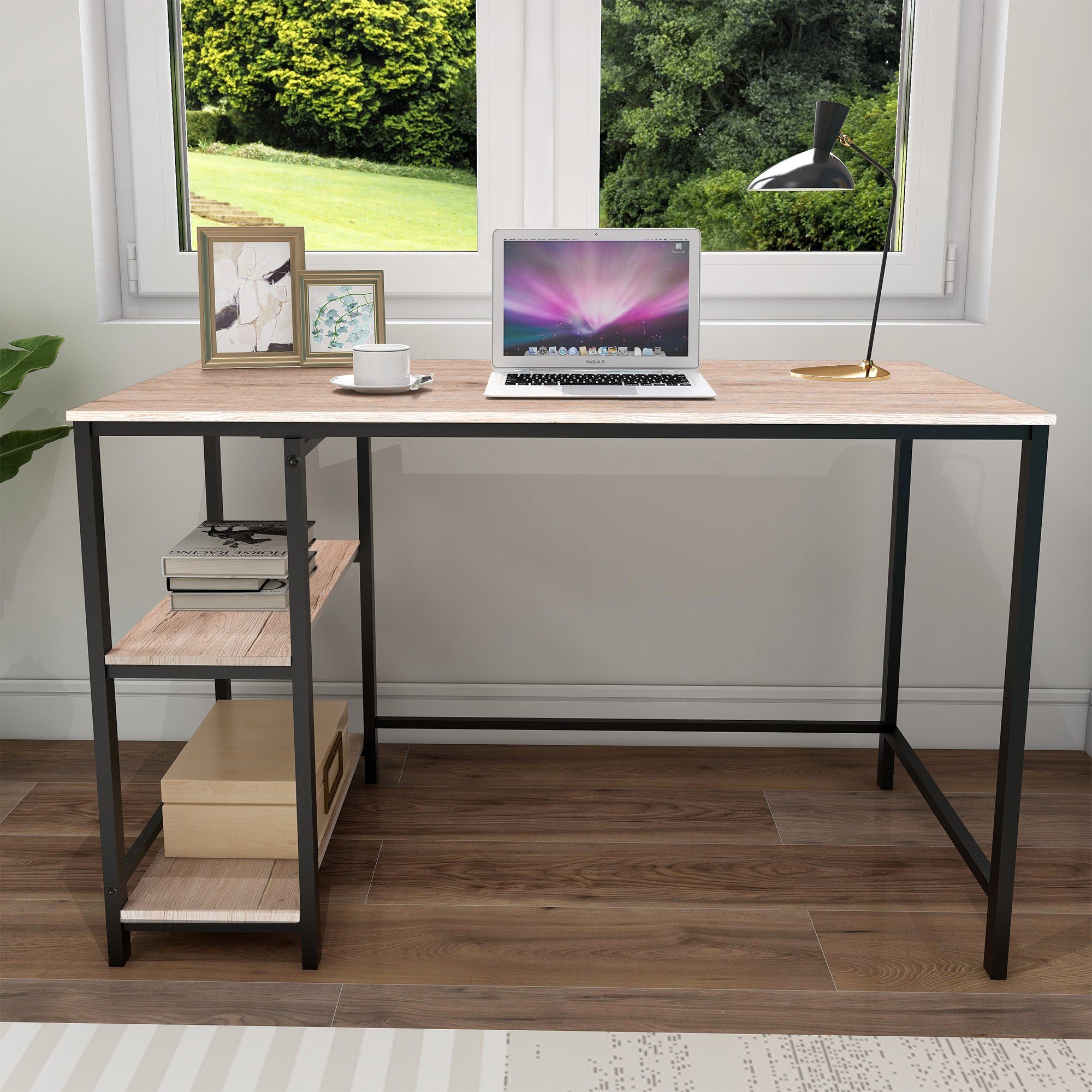 BlingBin Arbeitstisch Schreibtisch Computertisch (1-St., mit Bücherregal, 2 Tier DIY Lagerregalen), Tisch für Büro, Wohnzimmer 120x60x75cm Natür | Natür