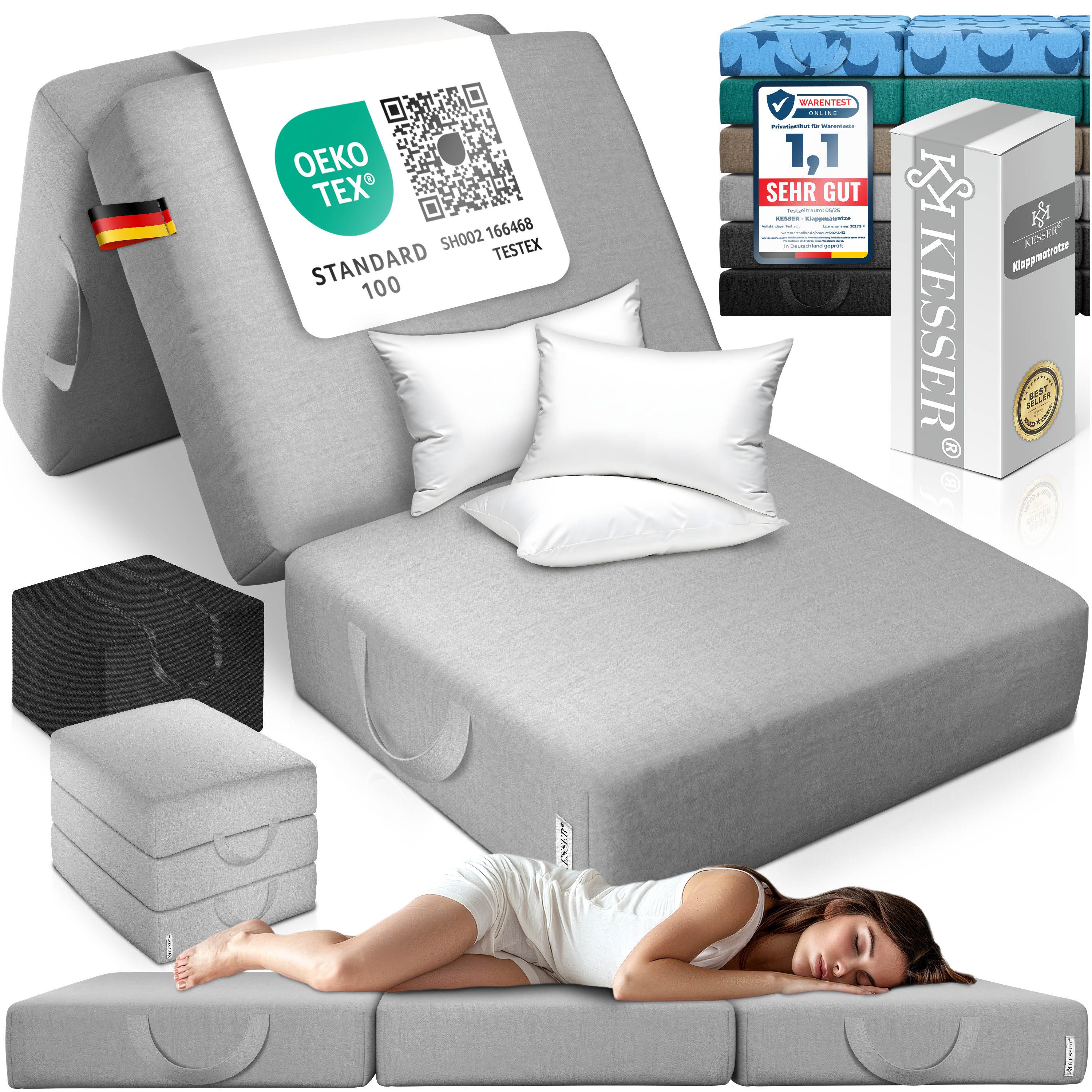 Klappmatratze 15cm hoch Gästematratze 3-fach faltbar zum Sitzhocker, KESSER, (bis zu 30 °C waschbarer abnehmbarer Bezug, Schaumstoff 25kg/m), Faltmatratze Inkl. Wasserabweisende Tragetasche