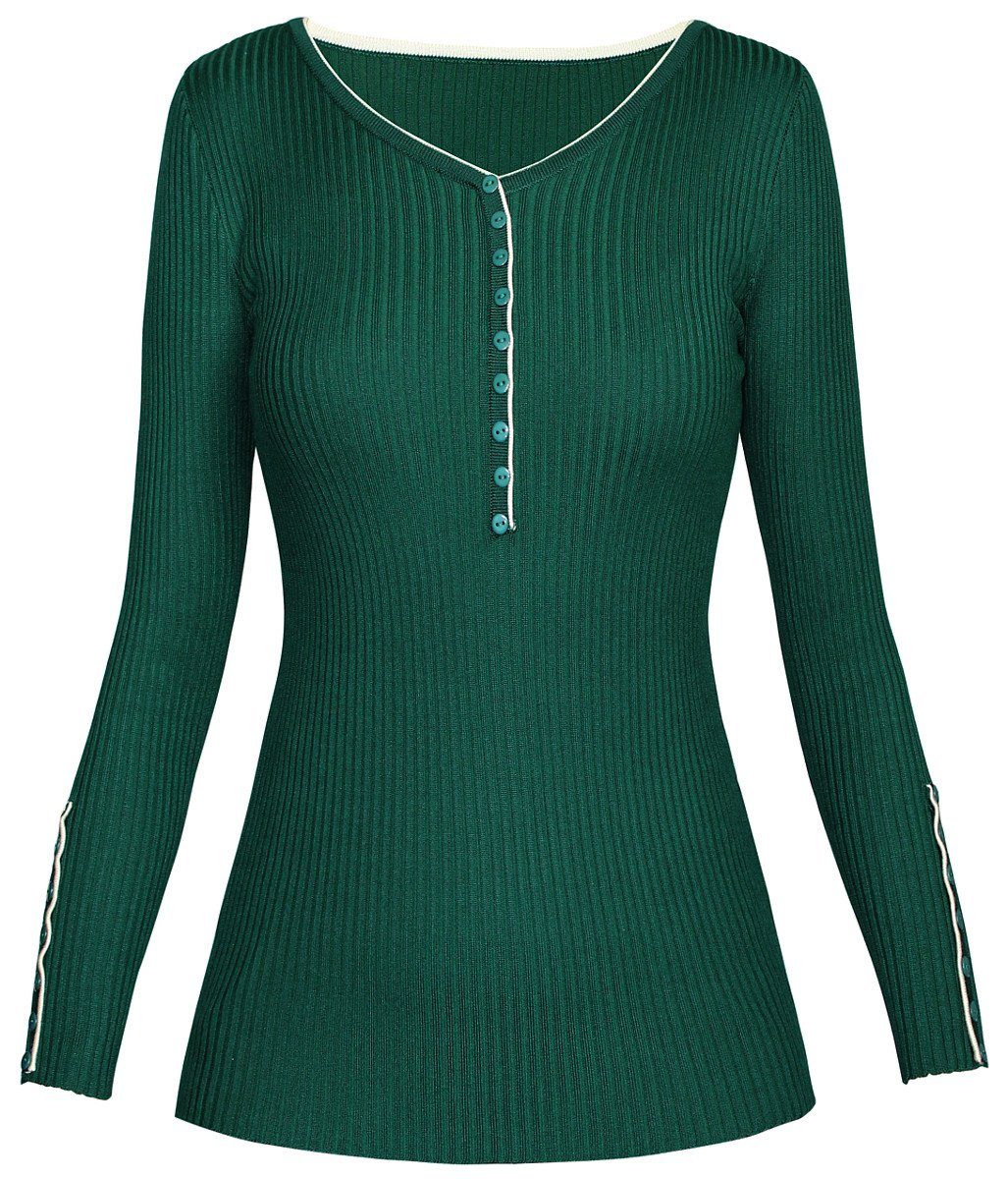 Pullover mit Unifarbe V-Ausschnitt in V-Ausschnitt-Pullover Damen PUL001-Dunkelgrün Pulli Rippenstrick dy_mode Enganliegend