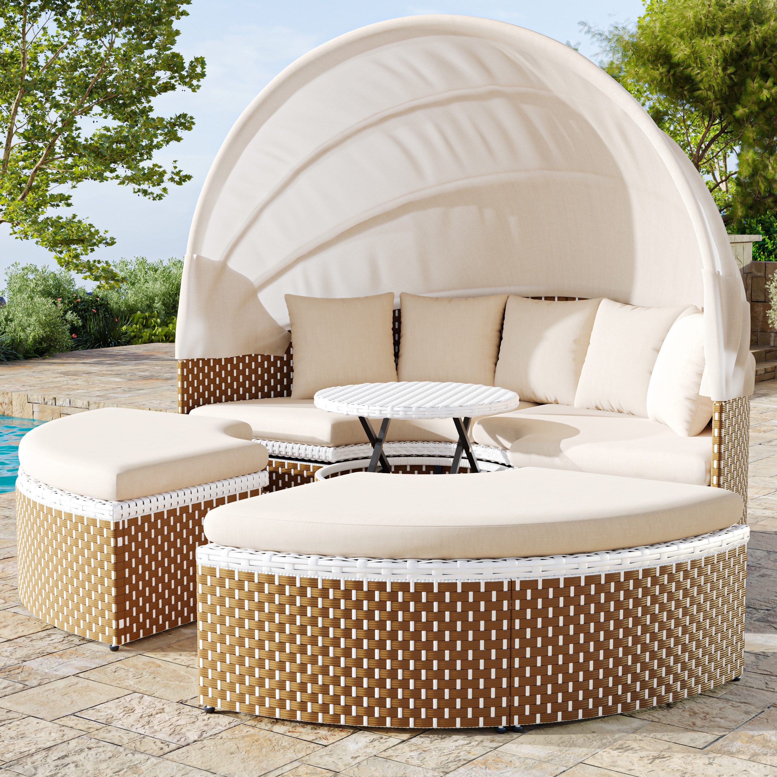Merax Gartenlounge-Set aus Polyrattan für 5 Personen mit Kissen, Sitzgruppe, (1 2-Sitzer mit Baldachin, 2 Hocker, 1 höhenverstellbarer Tisch), Sonneninsel umbaubar, Gartenliege mit Sonnendach, Gartenmöbel Set