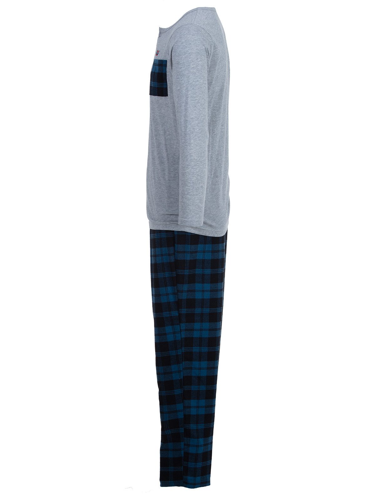 Henry Terre Pyjama Carlo Langarm - Hose & Brusttasche Karo Design Shirt Uni Knopfleiste – Bild 2 von 5