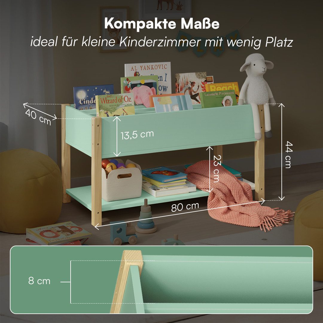 Bellabino Kinderregal Teme mit Fächern und Ablagefach, Bücherregal, Spielzeugregal aus Holz, 4 Fächer für Bücher, 1 Ablagefach für Spielzeug, mintgrün/natur