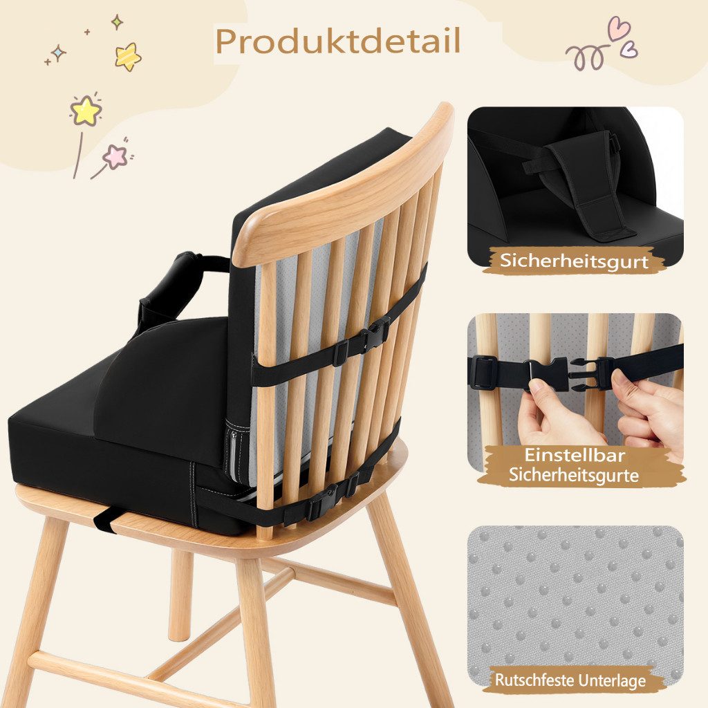 Insma Sitzkissen Kindersitzerhöhung Stuhlkissen Kunstleder 3-Punkt verstellbaren Gurten, wasserdicht, rutschfest, 34,5 × 34,5 × 9cm – Bild 5 von 5