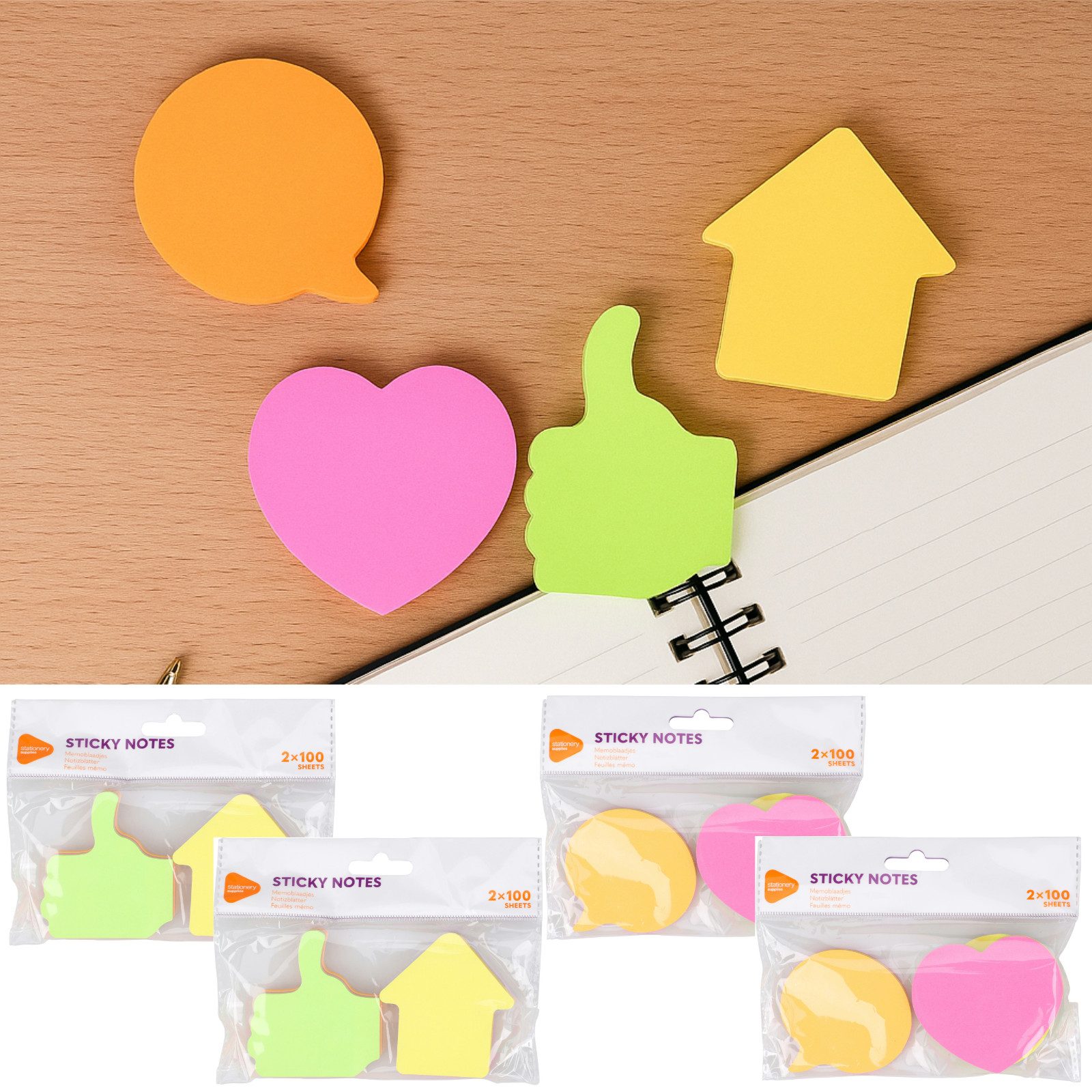 Koopman Haftnotizblock Klebenotizen Haftnotizen Sticky-Notes Memo Zettel Klebezettel, 800tlg, Neonfarben, 4 Formen, Klebend, Bunt