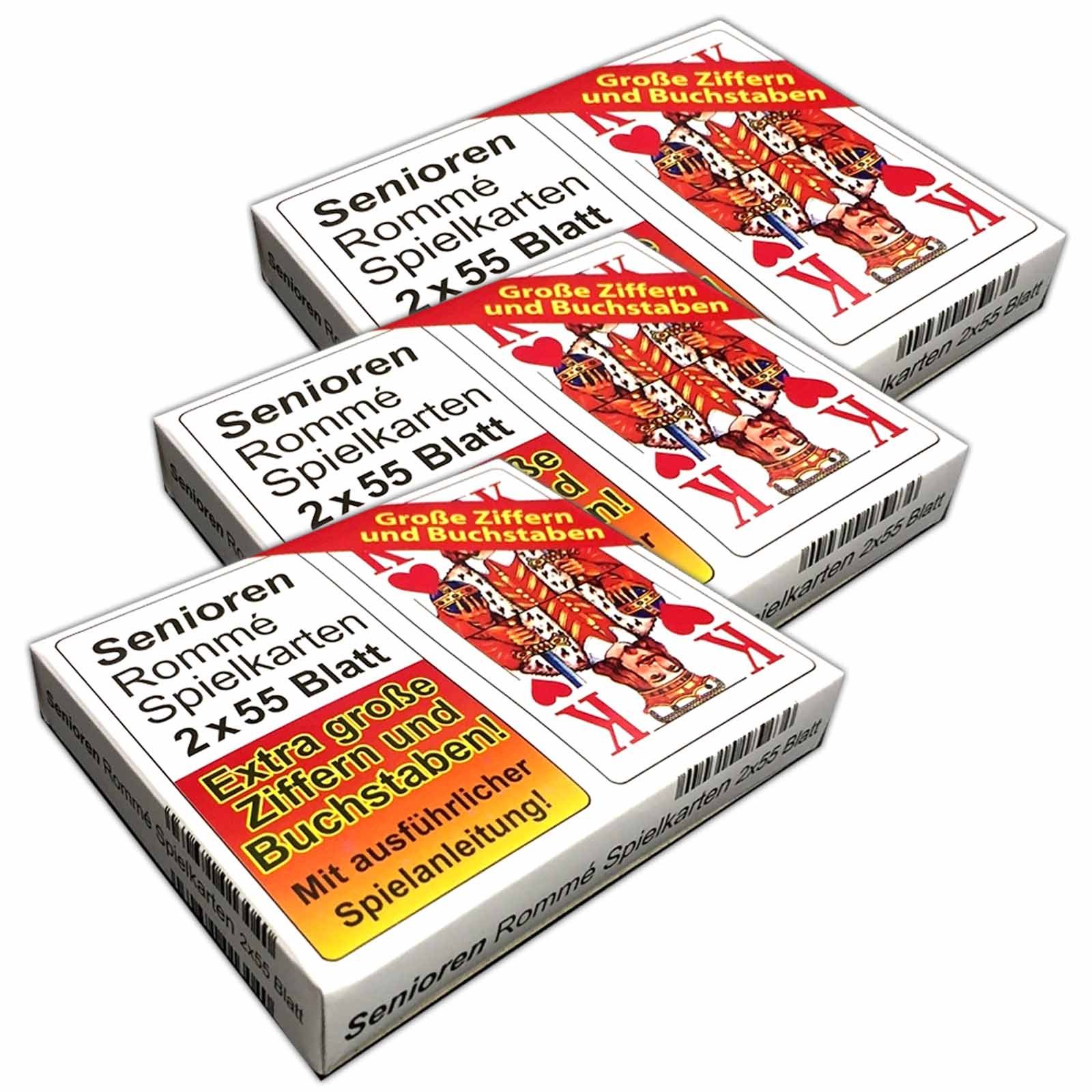 HAC24 Spiel 3er Set Senioren Romme Spielkarten Canasta Bridge Karten, Kartenspiel, je 2x55 Kartendeck große Schrift