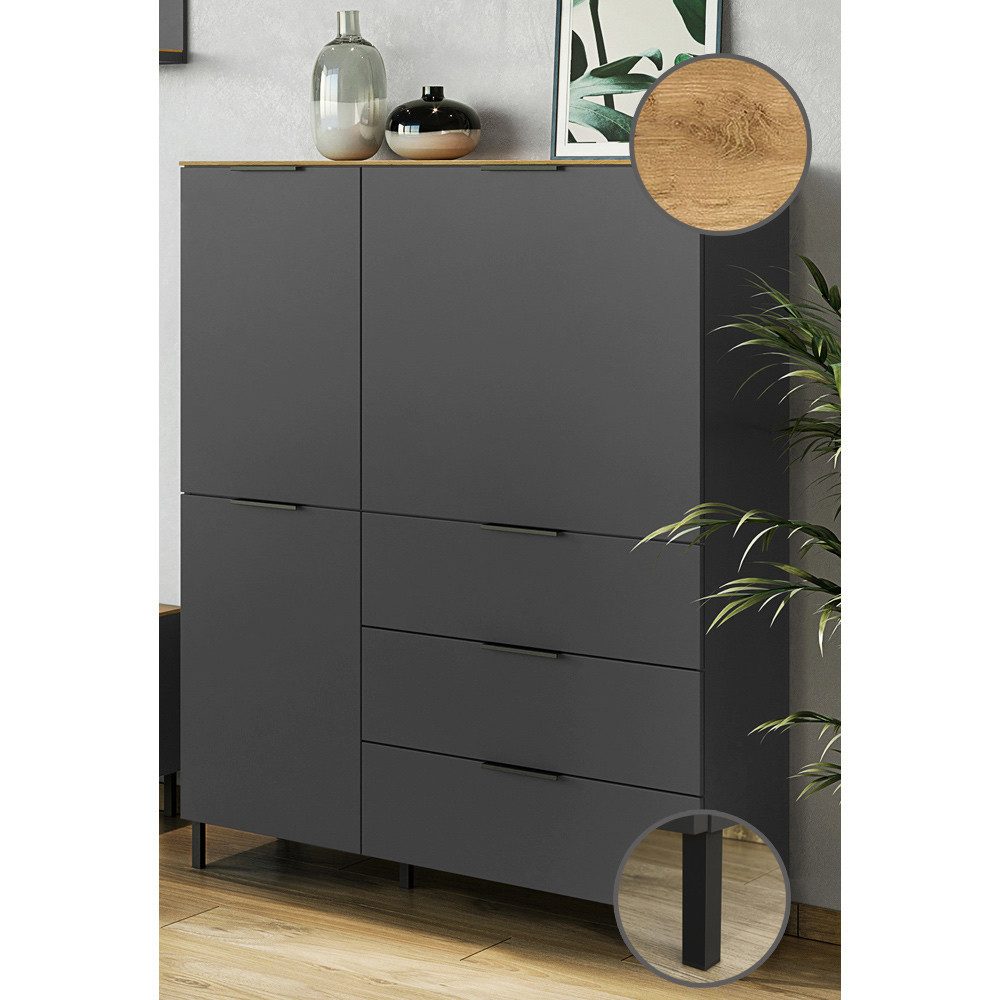 Lomadox Highboard RIOS-01, Highboard in graphit mit Navarra Eiche Nb., B/H/T: ca. 109/146/40 cm