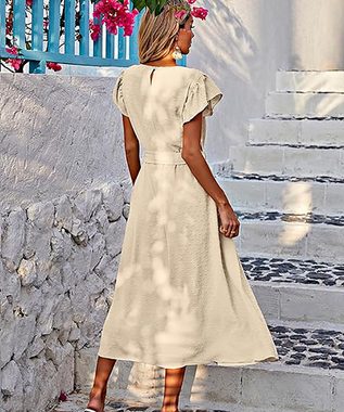 BlauWave A-Linien-Kleid Kleider Damen Lang Rundhals Sommerkleid (1-tlg., Kurzarm Maxikleid Business Knopf und Tasche) Geeignet für tägliche Reisen