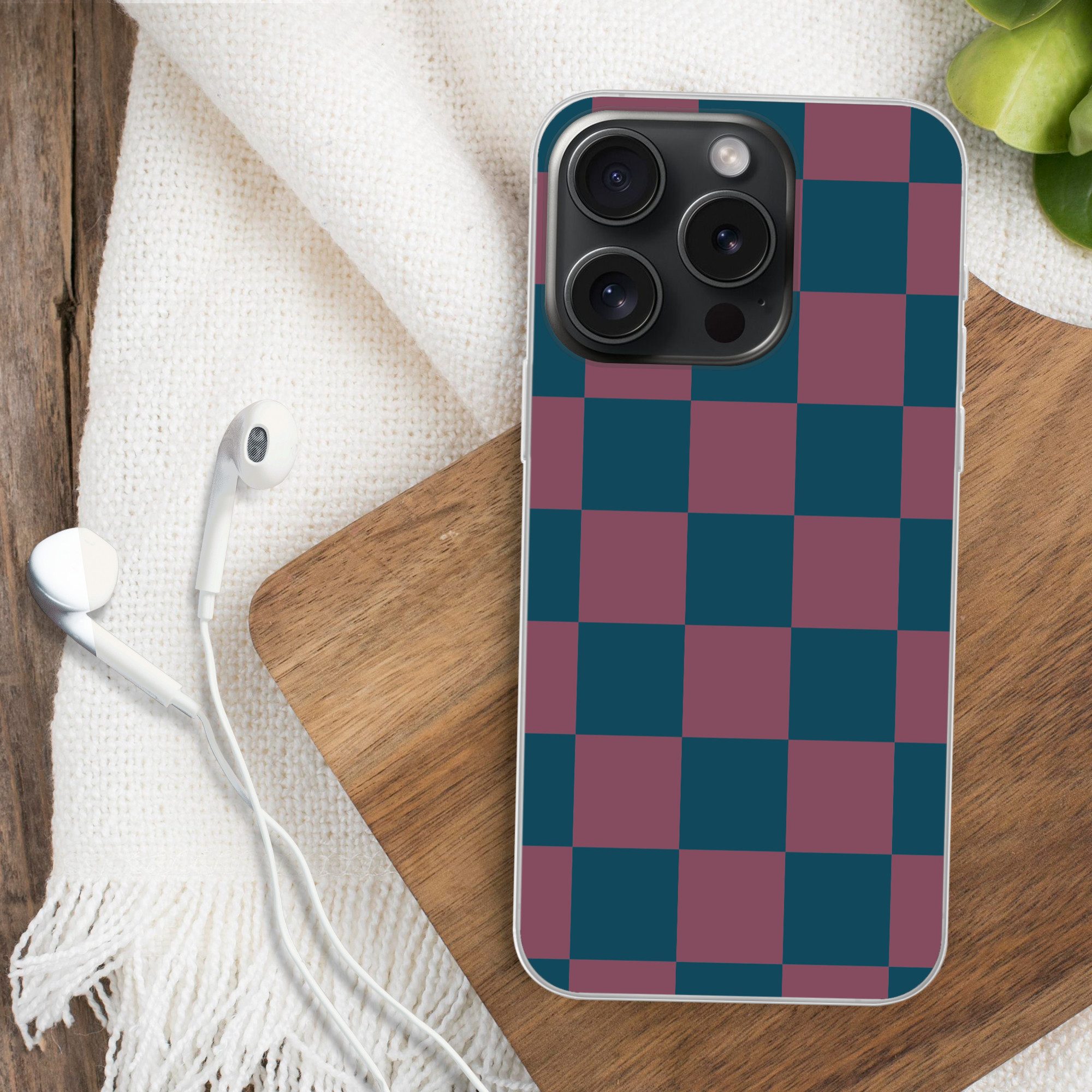 MuchoWow Handyhülle für Apple iPhone 15 Pro Schachbrett Druck - Blau - Rot - Würfel, Smartphone-Bumper, Print, Handy Schutzhülle Dünn