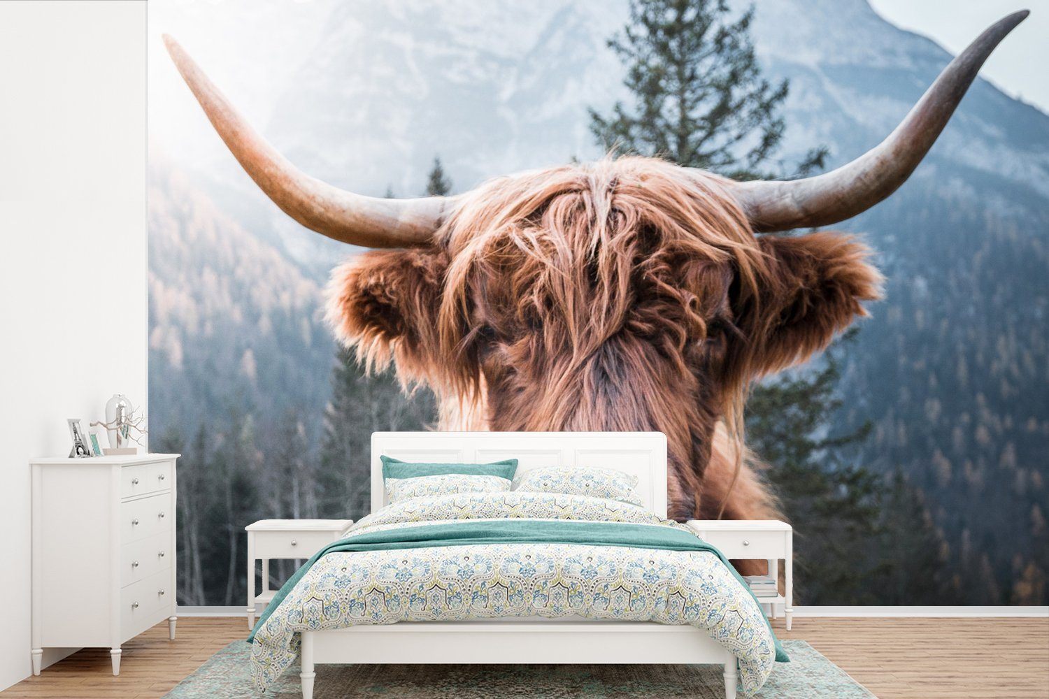 MuchoWow Fototapete Schottischer Highlander - Berge - Porträt, Matt, bedruckt, (6 St), Wallpaper für Wohnzimmer, Schlafzimmer, Kinderzimmer, Vinyl Tapete