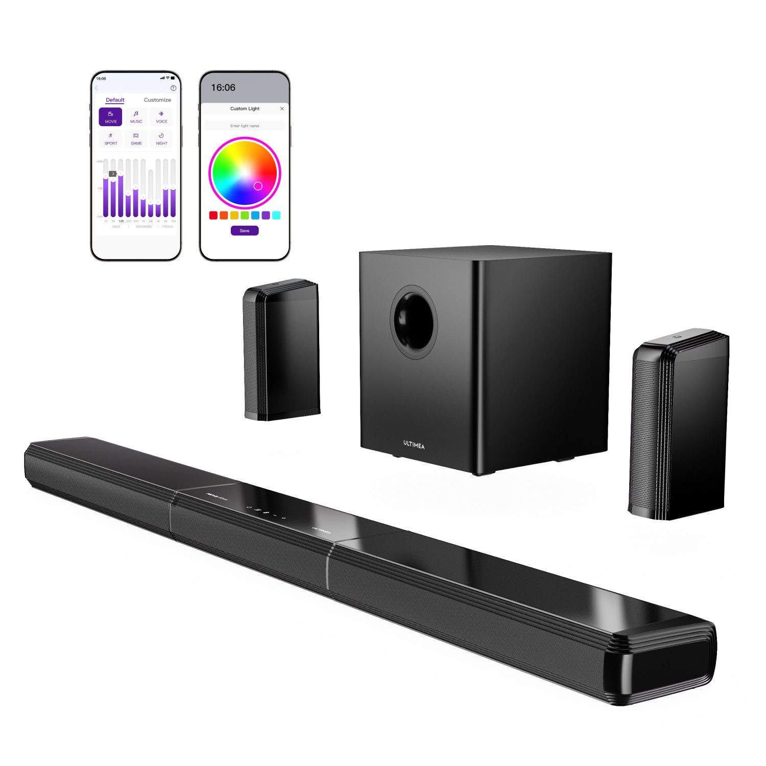 Ultimea Apollo S90 Soundbar 9.1-Kanal Dolby Atmos (HDMI IN/eARC, Bluetooth, 470 W, Mit RGB & Subwoofer & Surround-Lautsprecher für Heimkino)