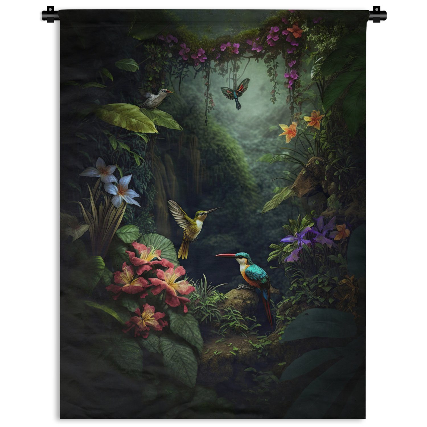 Blumen - der Deko Vögel, Wohnzimmer, - für Schlafzimmer Wand, Pflanzen Wanddekoobjekt Tapisserie, MuchoWow Dschungel - an