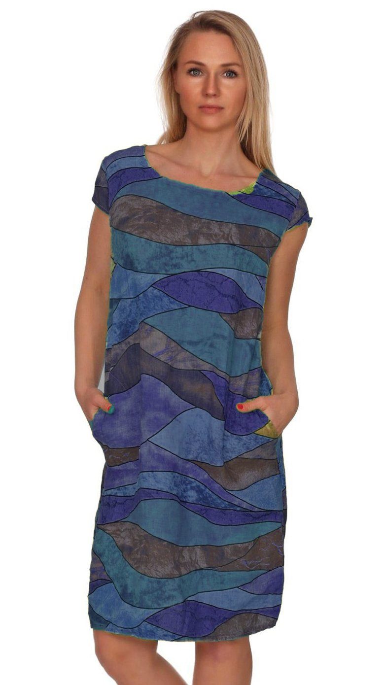 Sommerkleid Leinenkleid "Colourwaves" A-Linie kurzarm