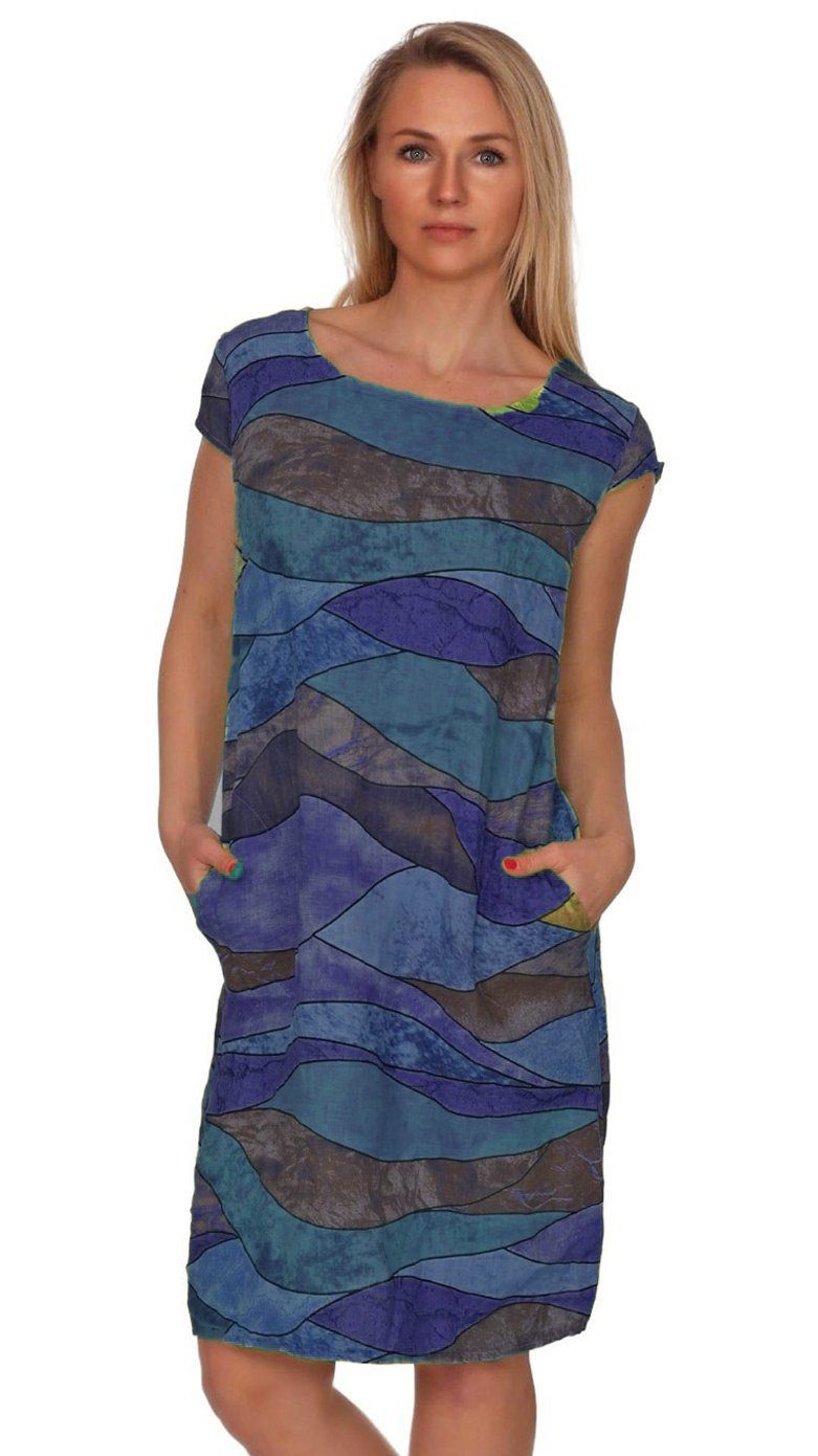 Charis Moda Sommerkleid Leinenkleid Blau A-Linie kurzarm "Colourwaves"