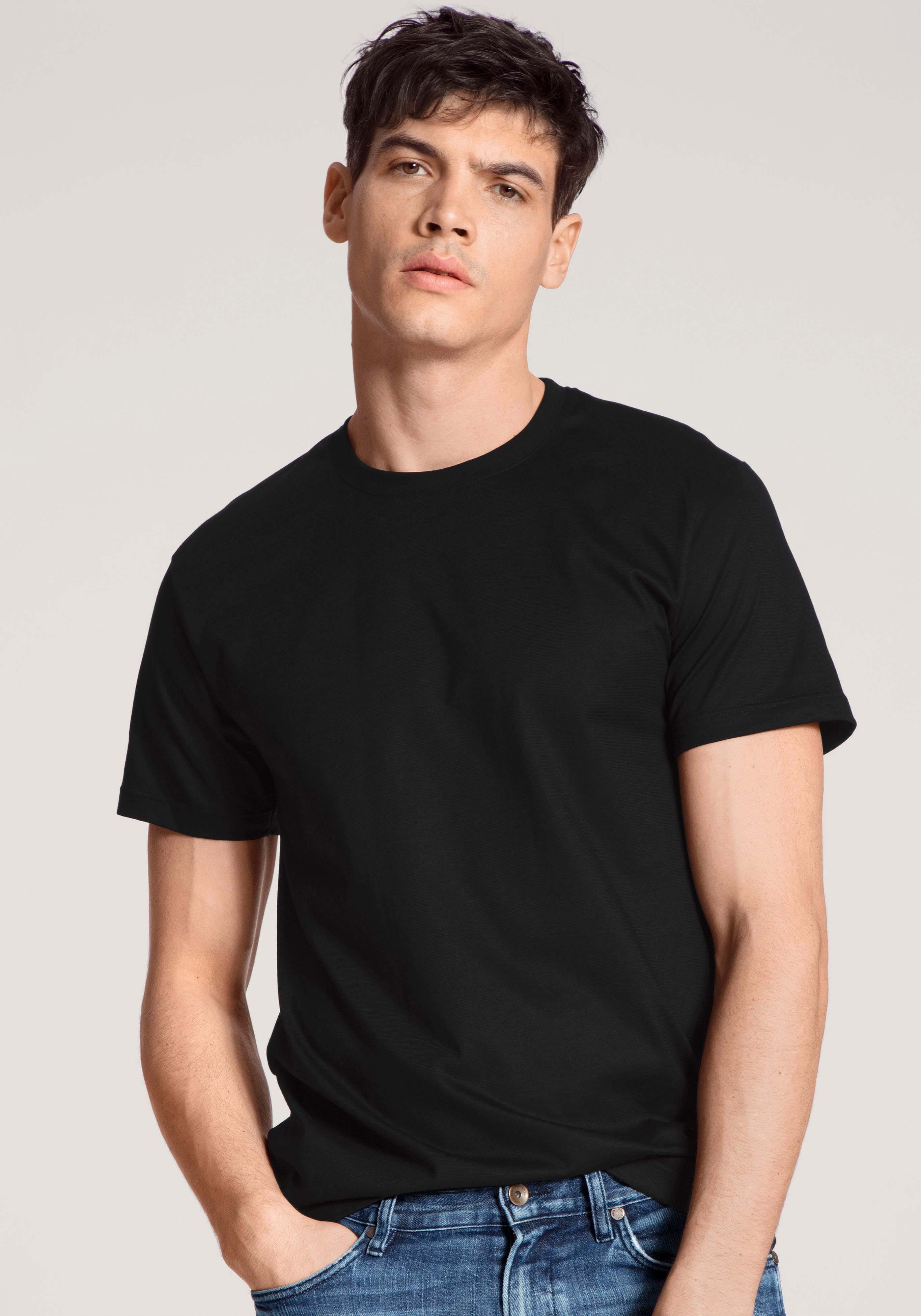 Pack) Kurzarmshirt, CALIDA Benefit schwarz Fit Natural enganliegendes (2er T-Shirt Modern