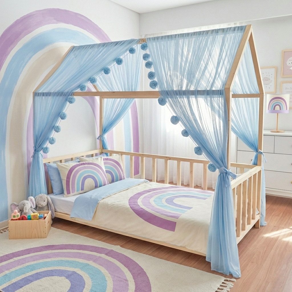 Baby Fancyroom Betthimmel Betthimmel Tüll Hausbett Kinderbett 2 Stück 340cm 380cm Montessori (3-tlg. Set mit 2x Betthimmel und einer 20er Pomponkette, Baldachin, Kinder Betthimmel Baldachin Himmel Deko Set), Betthimmel für Hausbett Montessori