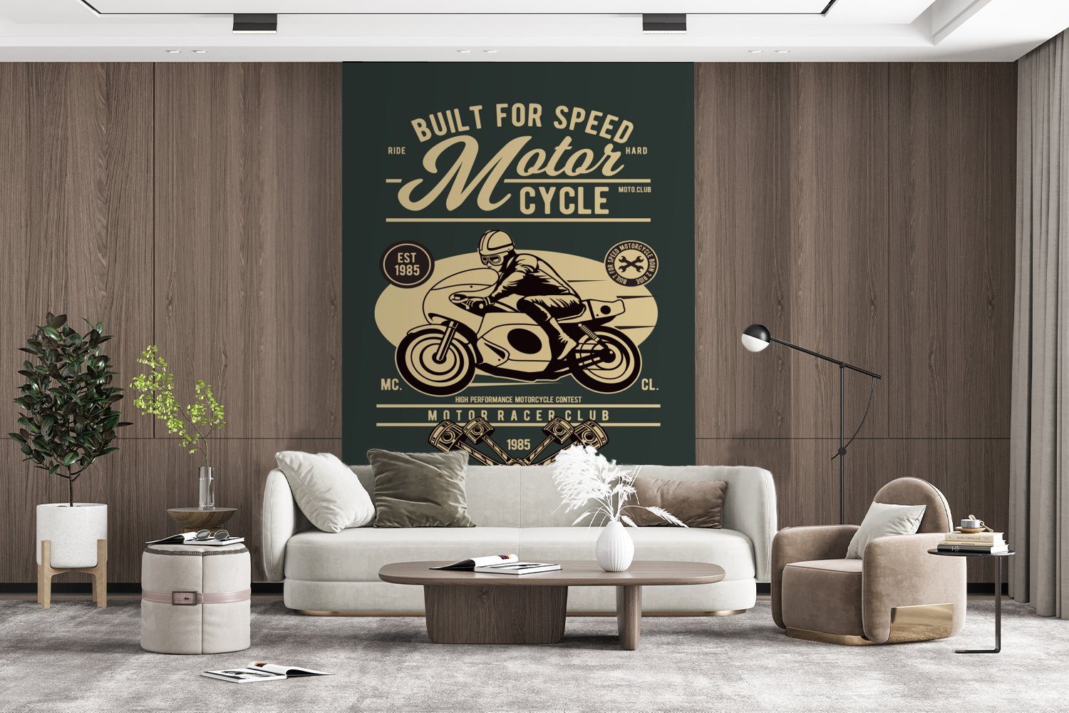 - Montagefertig Tapete Wandtapete MuchoWow Vintage, Matt, Mancave Rennen für Motorrad bedruckt, - - Wohnzimmer, (3 St), Vinyl Fototapete