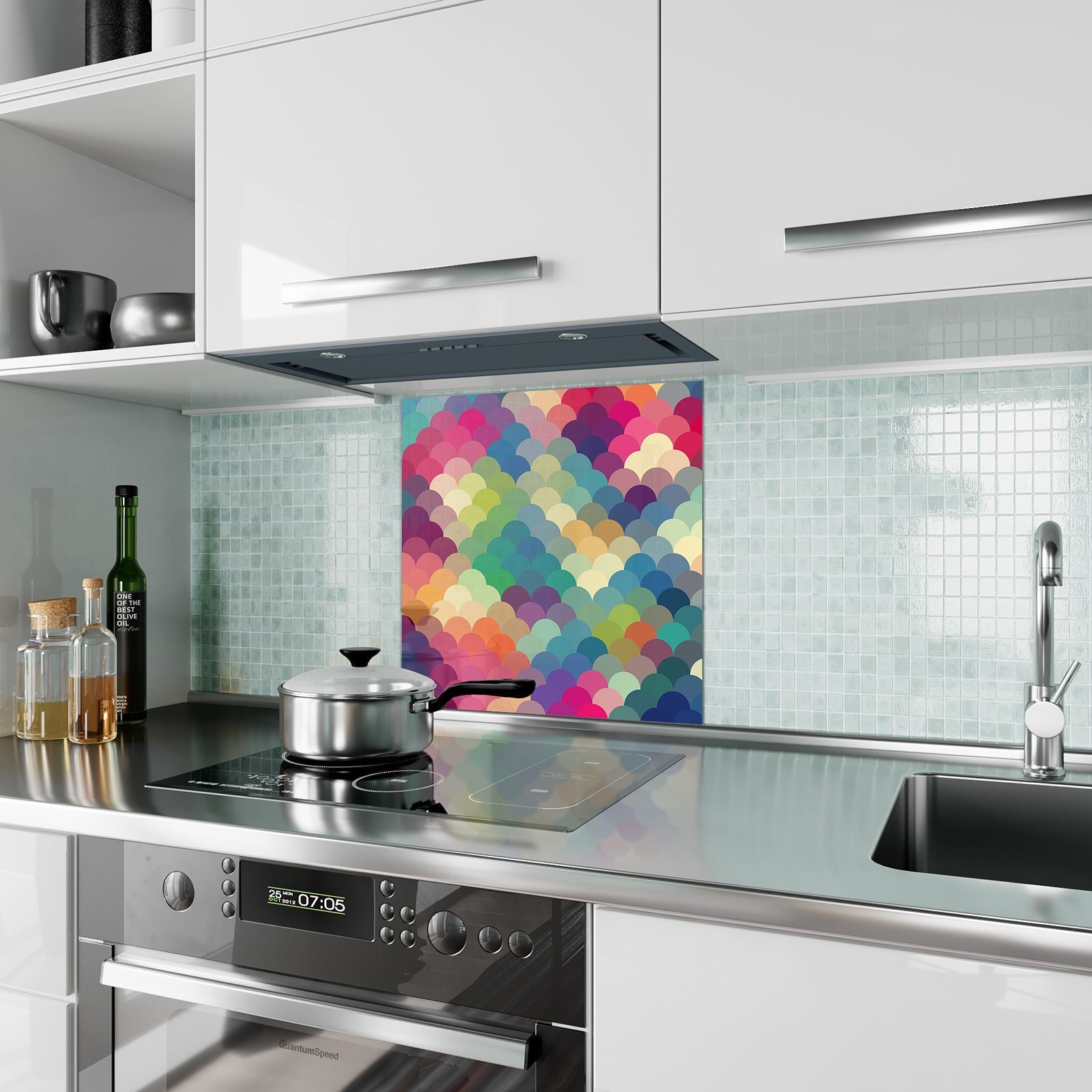 Primedeco Küchenrückwand Spritzschutz Glas Geometrische bunte Formen