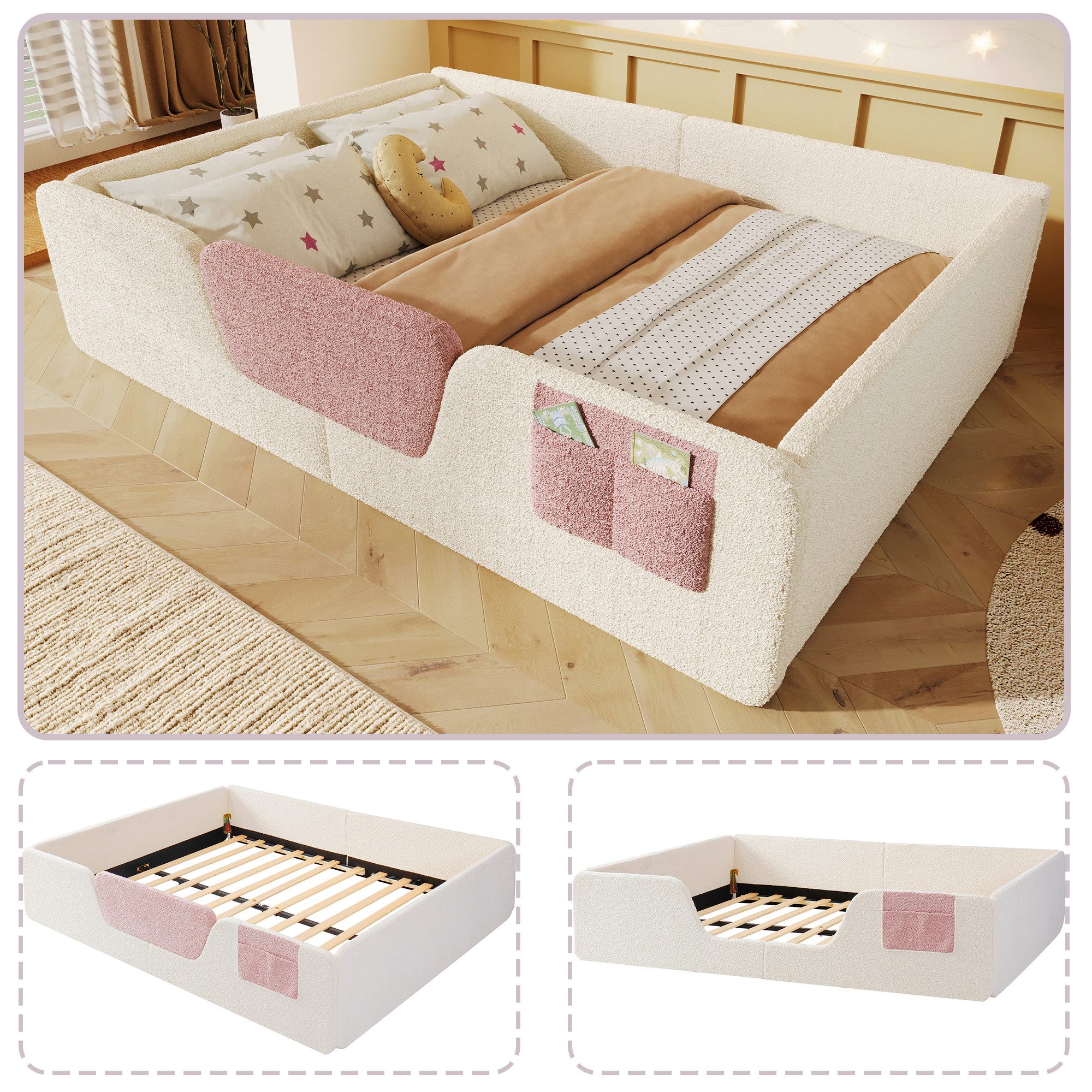 Merax Polsterbett 140x190cm mit abnehmbarer Sicherheitsleiste (Jugendbett Babybett Einzelbett, 1-tlg), Bodenbett Kinderbett mit Aufbewahrungstasche & Lattenrost – Bild 5 von 5