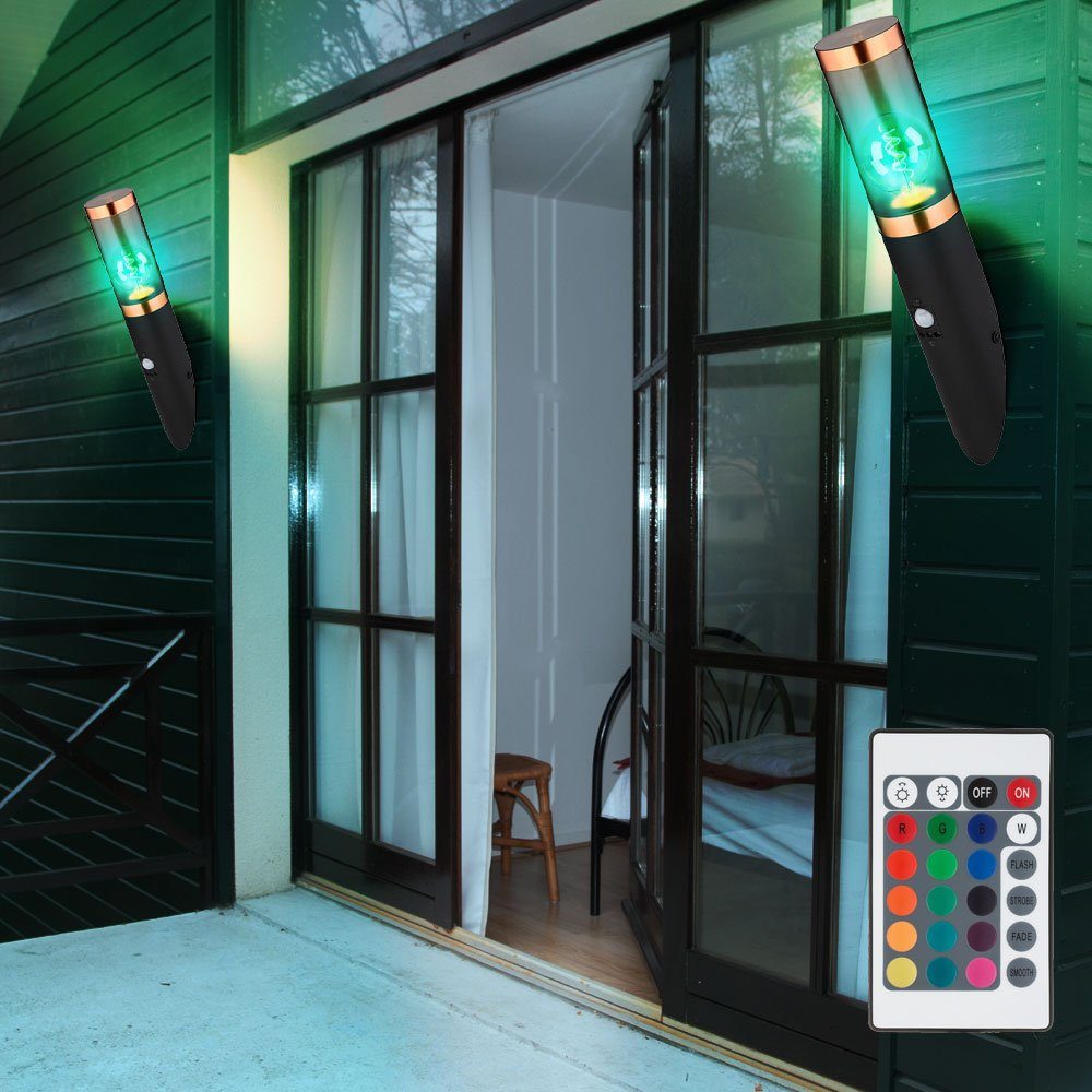 LED mit Wandleuchte Bewegungsmelder Außen-Wandleuchte, inklusive, Außenwandlampe RGB Warmweiß, etc-shop Edelstahl Leuchtmittel