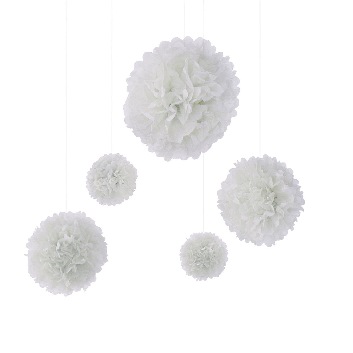 Frau WUNDERVoll Papierdekoration 5er Set Pompoms - weiß - 2x Ø20, 2x Ø30, 1x Ø40 cm Deko Hochzeit Party