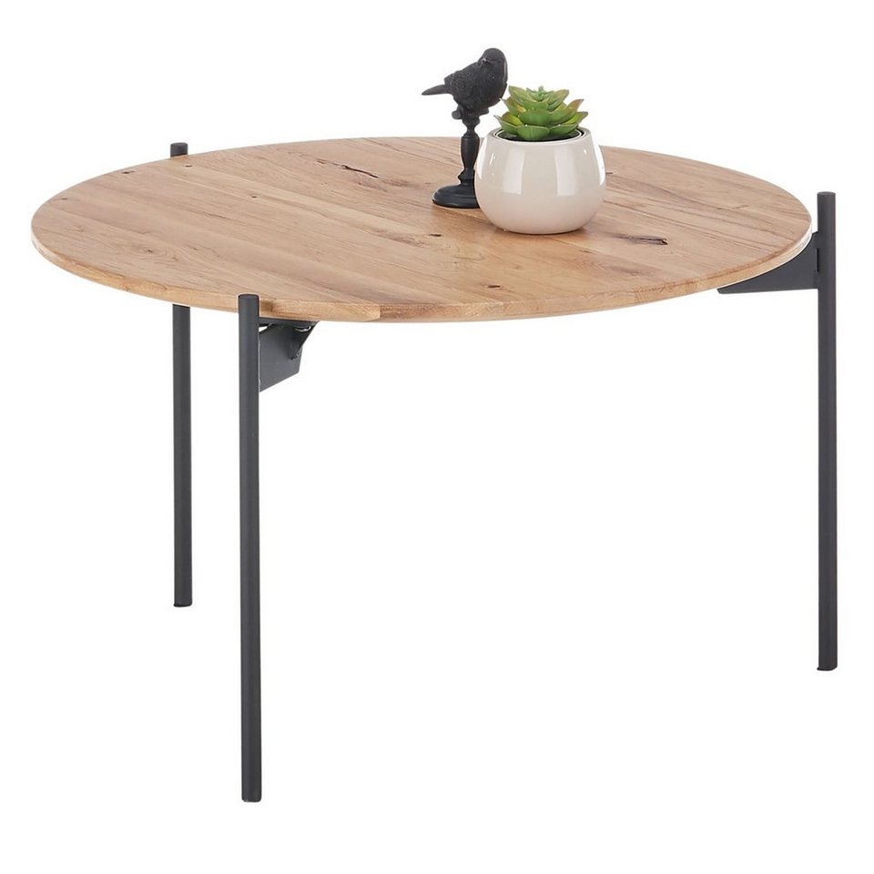 Raburg Couchtisch ASSUAN, Eiche massiv NATUR, rund, Gestell SCHWARZ,  3-beiniger Tisch, 55 cm Ø, 33 cm hoch oder 74 cm Ø, 38 cm hoch,  durchgehende Lamelle