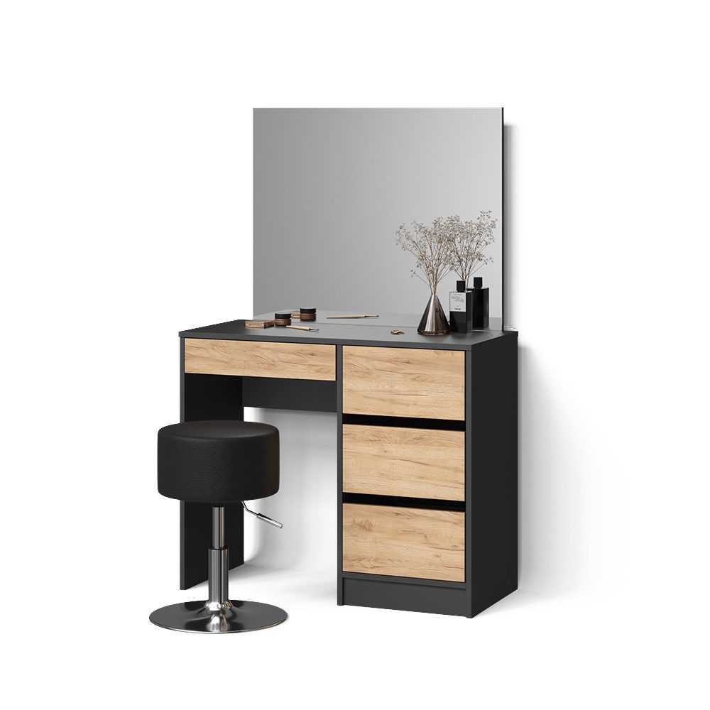 Livinity® Schminktisch Imola, Anthrazit/Goldkraft Eiche, 120 cm mit Hocker