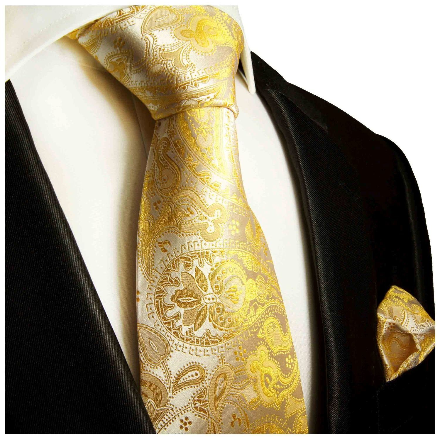 Paul Malone Krawatte Herren Seidenkrawatte mit Tuch Hochzeit festlich paisley 100% Seide (Set, 2-St., Krawatte mit Einstecktuch) Breit (8cm), gelb 427