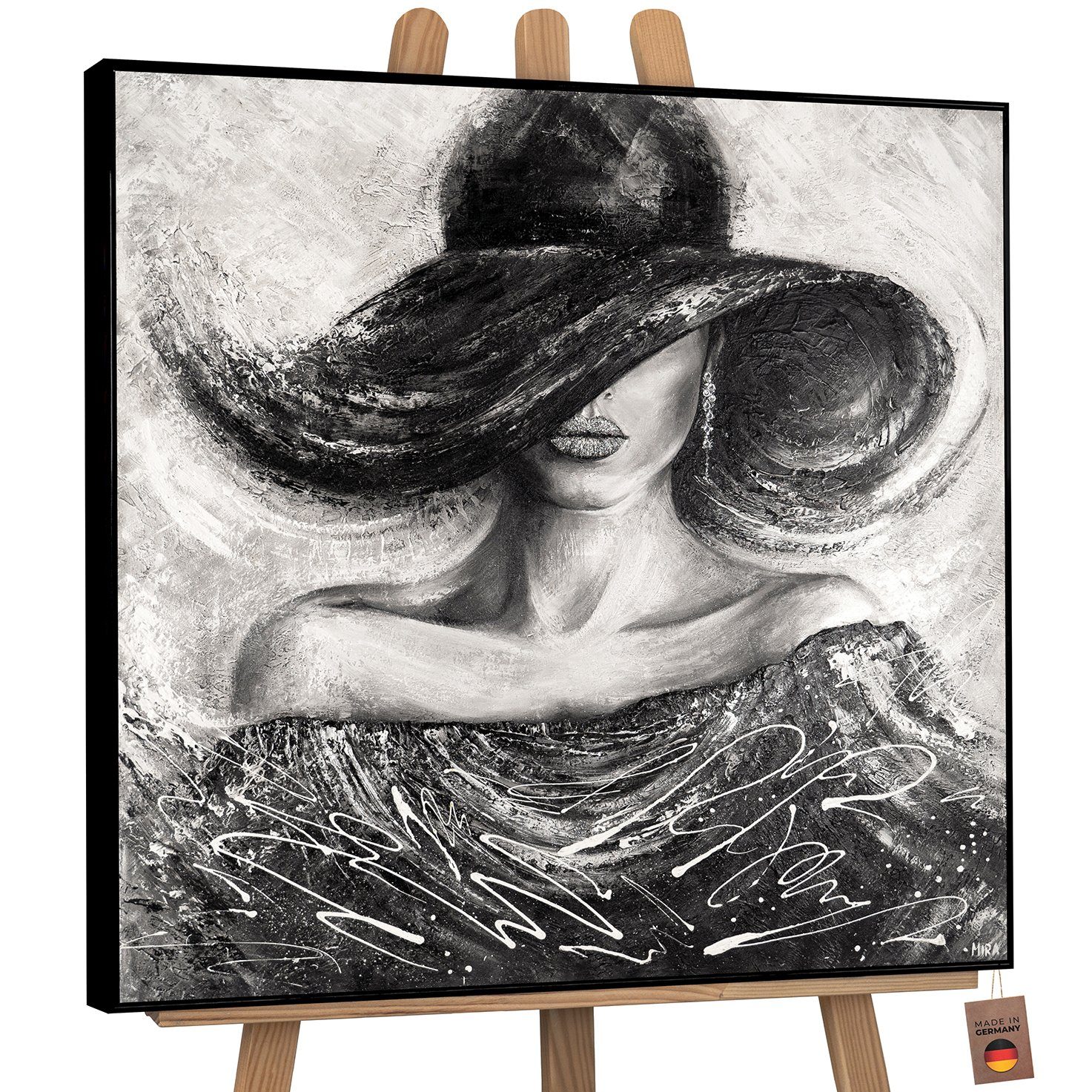 YS-Art Gemälde Charme, Menschen, Leinwand Bild Handgemalt Quadratisch Frau mit Hut schwarz Mit Rahmen in Schwarz