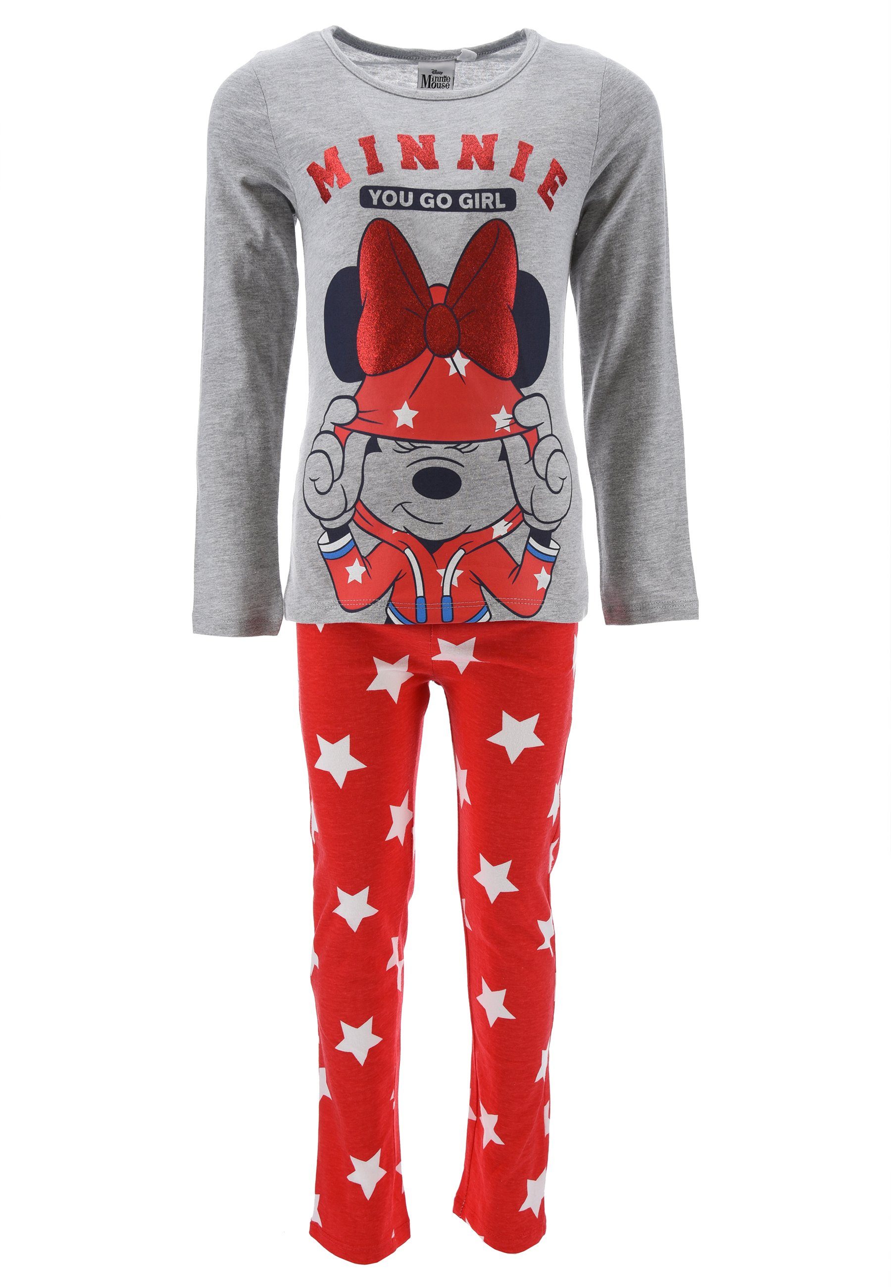 Schlafanzug Kinder Schlafanzug Grau Disney Mädchen tlg) + Maus Shirt Minnie Mouse Pyjama Mini Langarm (2 Schlaf-Hose Kinder