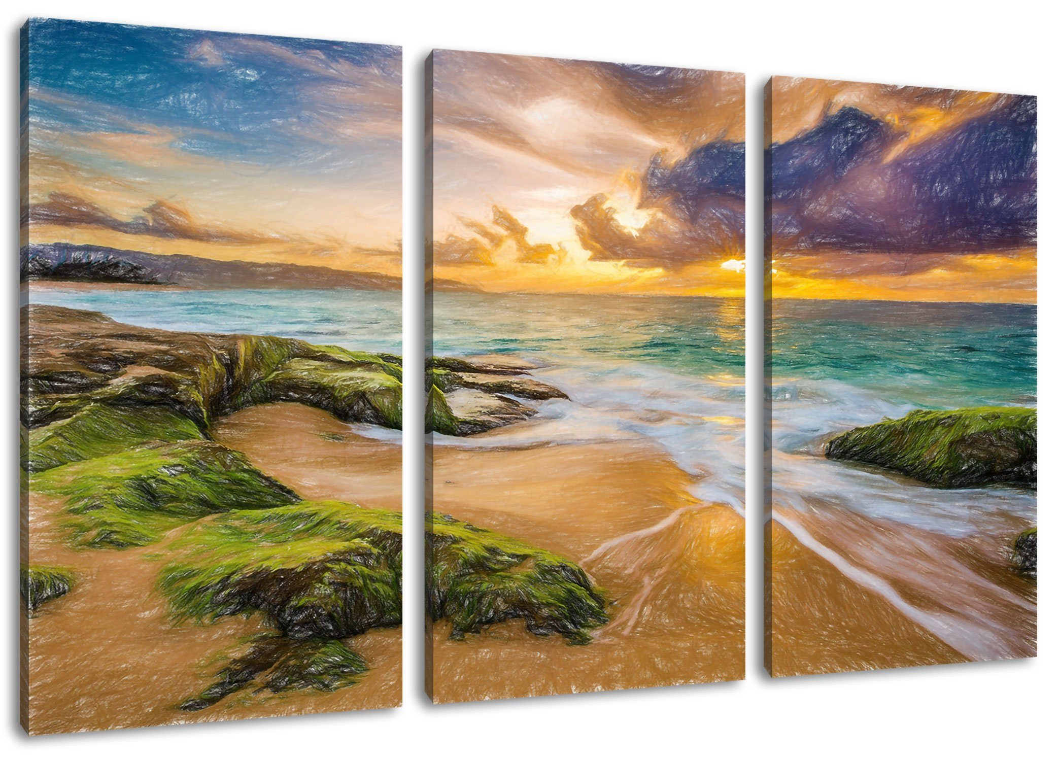Zackenaufhänger Pixxprint Hawaii St), (120x80cm) bespannt, Sonnuntergang fertig inkl. (1 Hawaii, 3Teiler Sonnuntergang auf auf Leinwandbild Leinwandbild