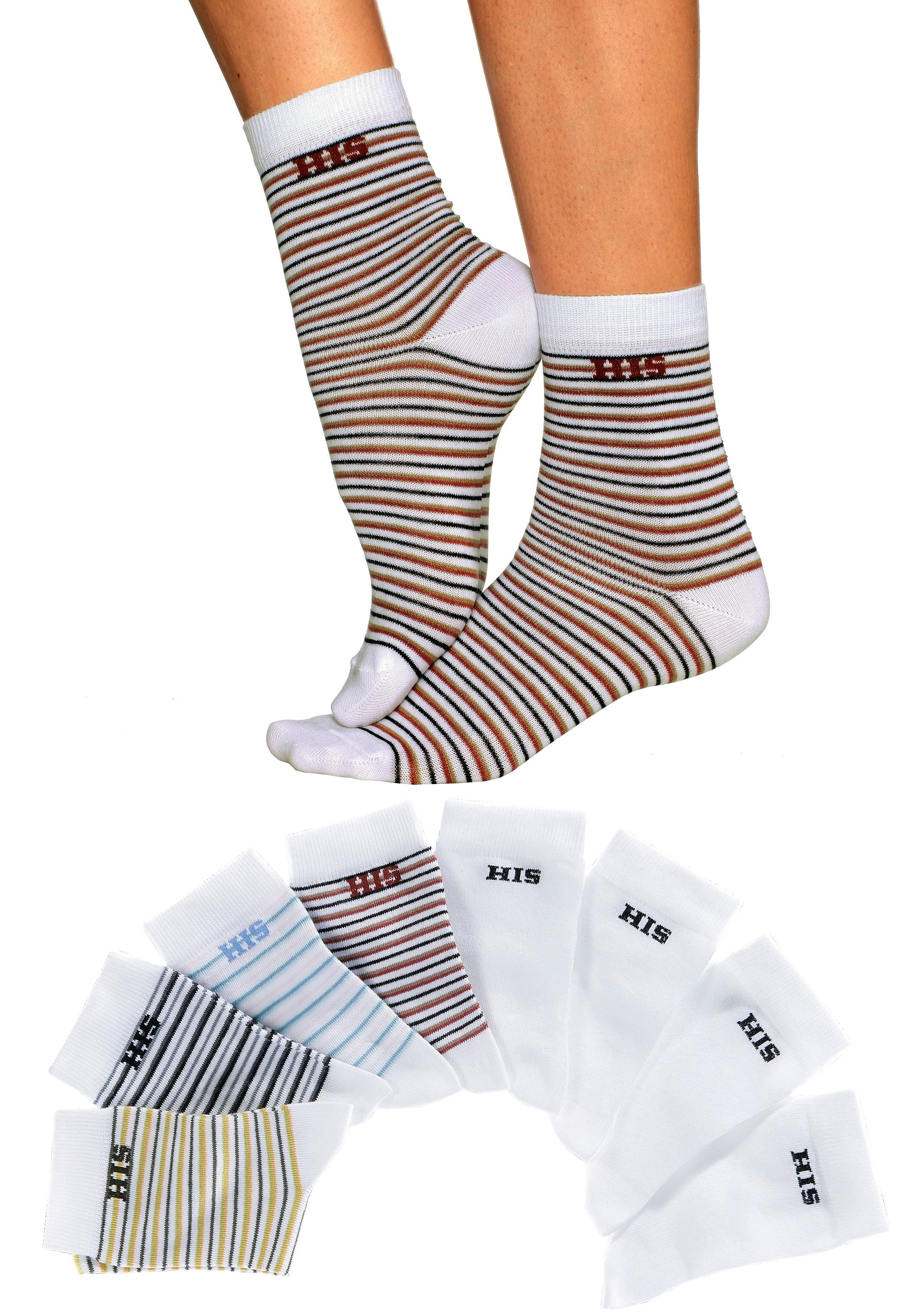 H.I.S und 8-Paar) geringelt Socken (Set, unifarben bunt-weiß