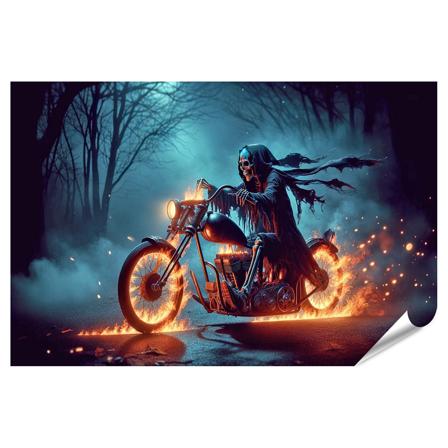 Poster Dunkle Legende: Skelett auf gotischem Motorrad