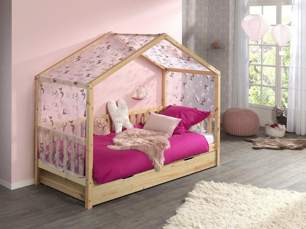Vipack Hausbett Dallas, mit Dachaufbau, Kiefer massiv, stabil gebaut (B/H/T ca. 210x170x97cm, mit Sprossenumrandung), wahlweise mit oder ohne Bettschublade und Textilhimmel
