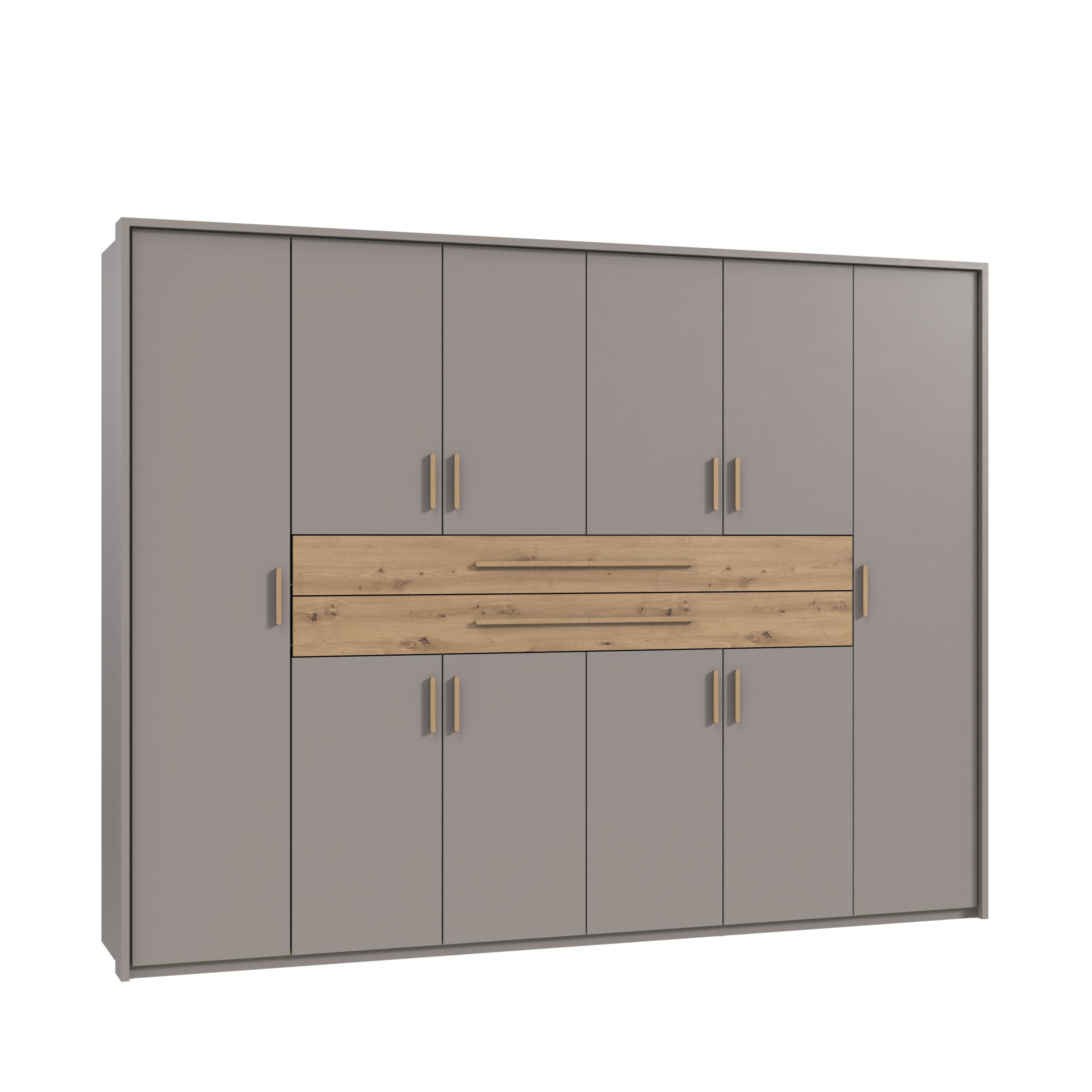 luma-home Drehtürenschrank 22644 (Moderner Kleiderschrank B273/H210/T58 cm mit Passepartoutrahmen) in Sandgrau, 2 große Schubkästen und Griffen in Eiche Artisan Dekor 